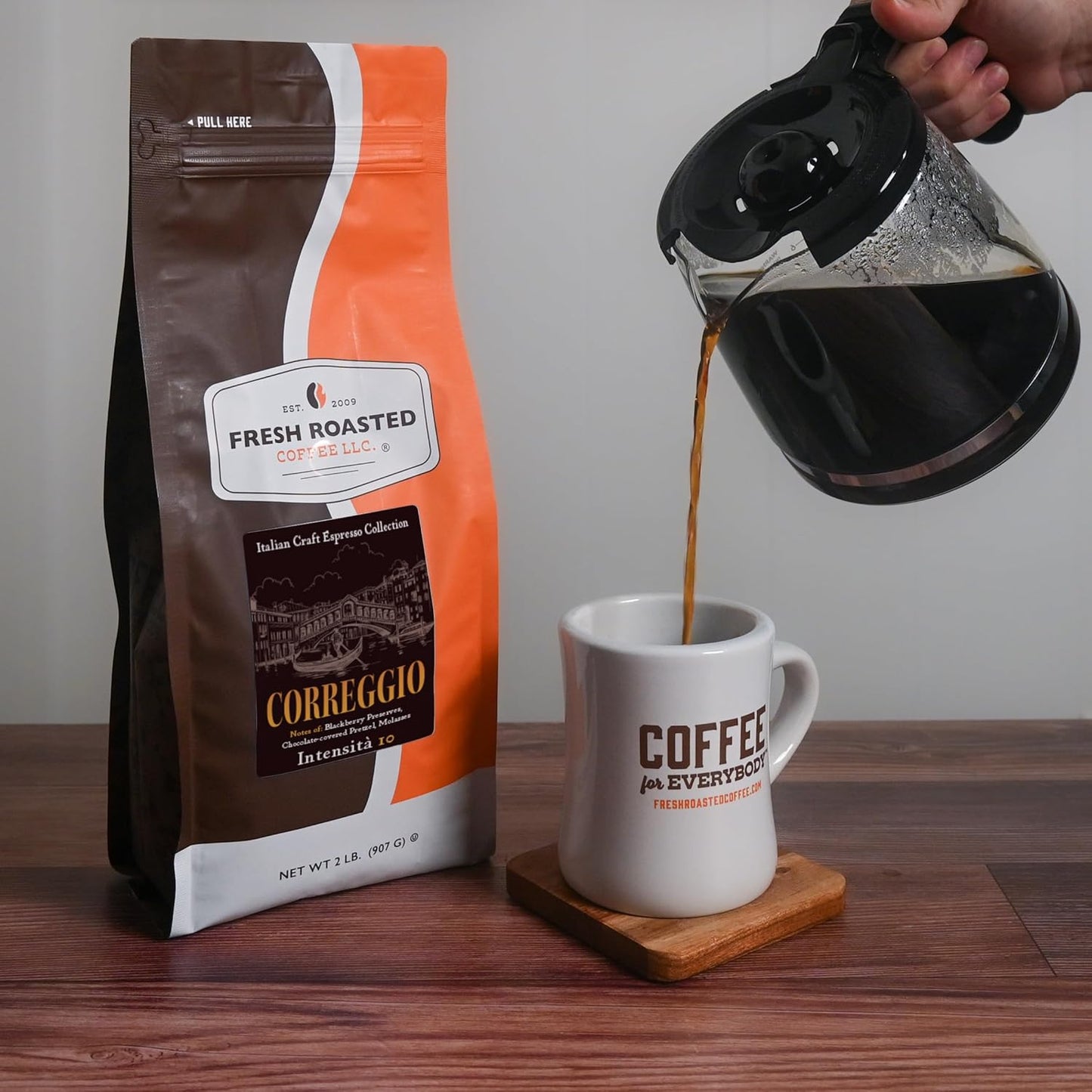 Fresh Roasted Coffee, Correggio Italian Craft Artisan Blend, 2 lb (32 oz), Dark Roast, Kosher, Whole Bean