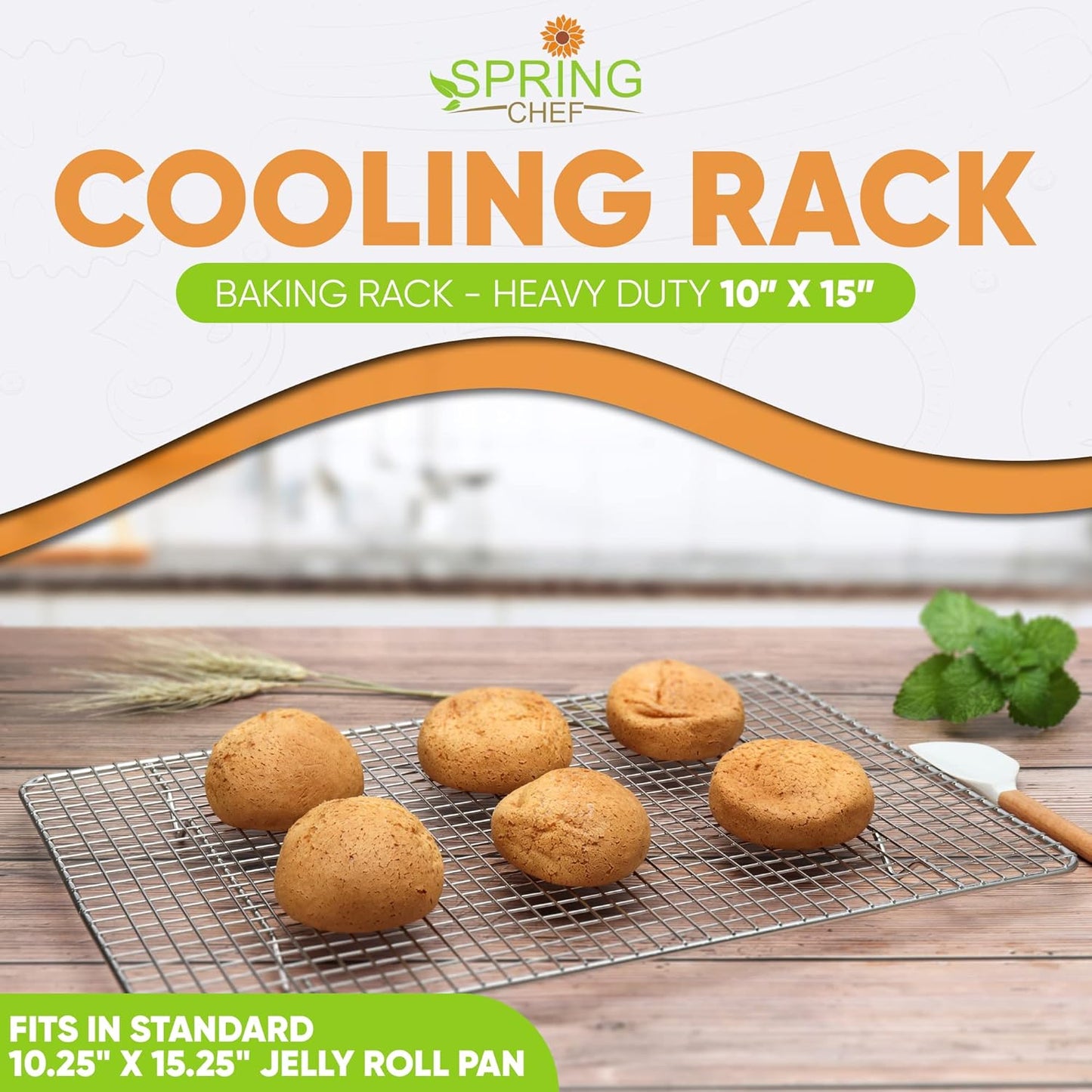 Spring Chef 10" x 15" Stainless Steel Cooling Racks for Baking - Oven Safe - Cookie Racks for Cooling Cookies - Fits Jelly Roll Pan - Perfect for Grilling, Roasting, Cooking, Drying - Set of 2