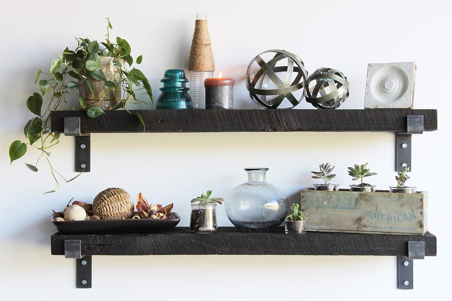 Urban Legacy Accent Shelves | Reclaimed Barn Plank | Set of 2 with Full Brackets (Coffee Bean 40" x 7" x 2")