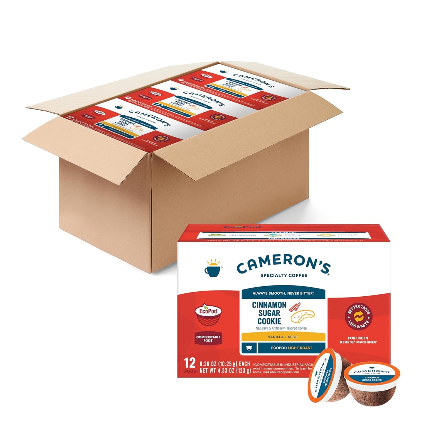 Cameron's Coffee Single Serve Pods, Flavored, Cinnamon Sugar Cookie, 12 Count (Pack of 6)