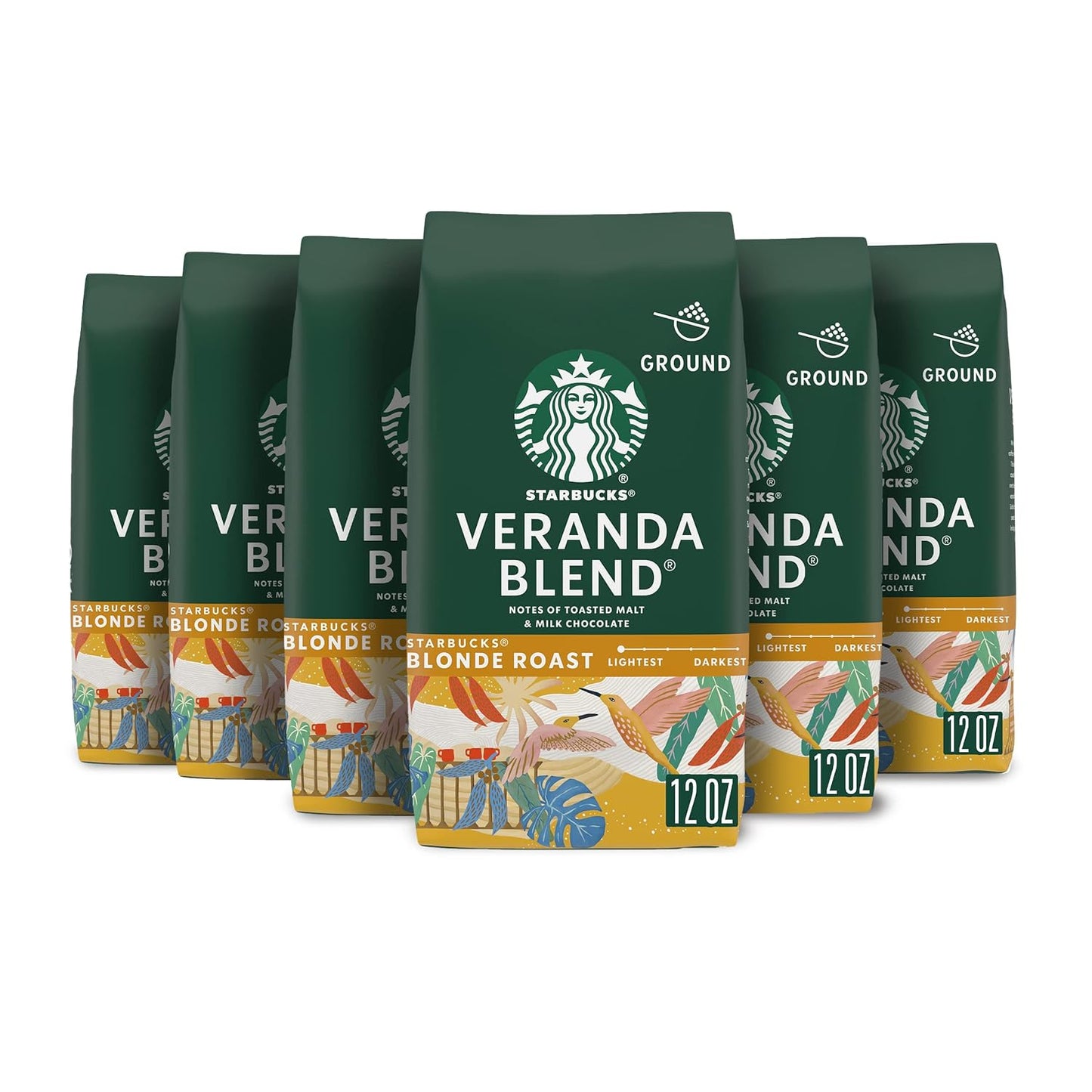 Starbucks Ground Coffee, Starbucks Blonde Roast Coffee, Veranda Blend, 100% Arabica, 6 bags (12 oz each)