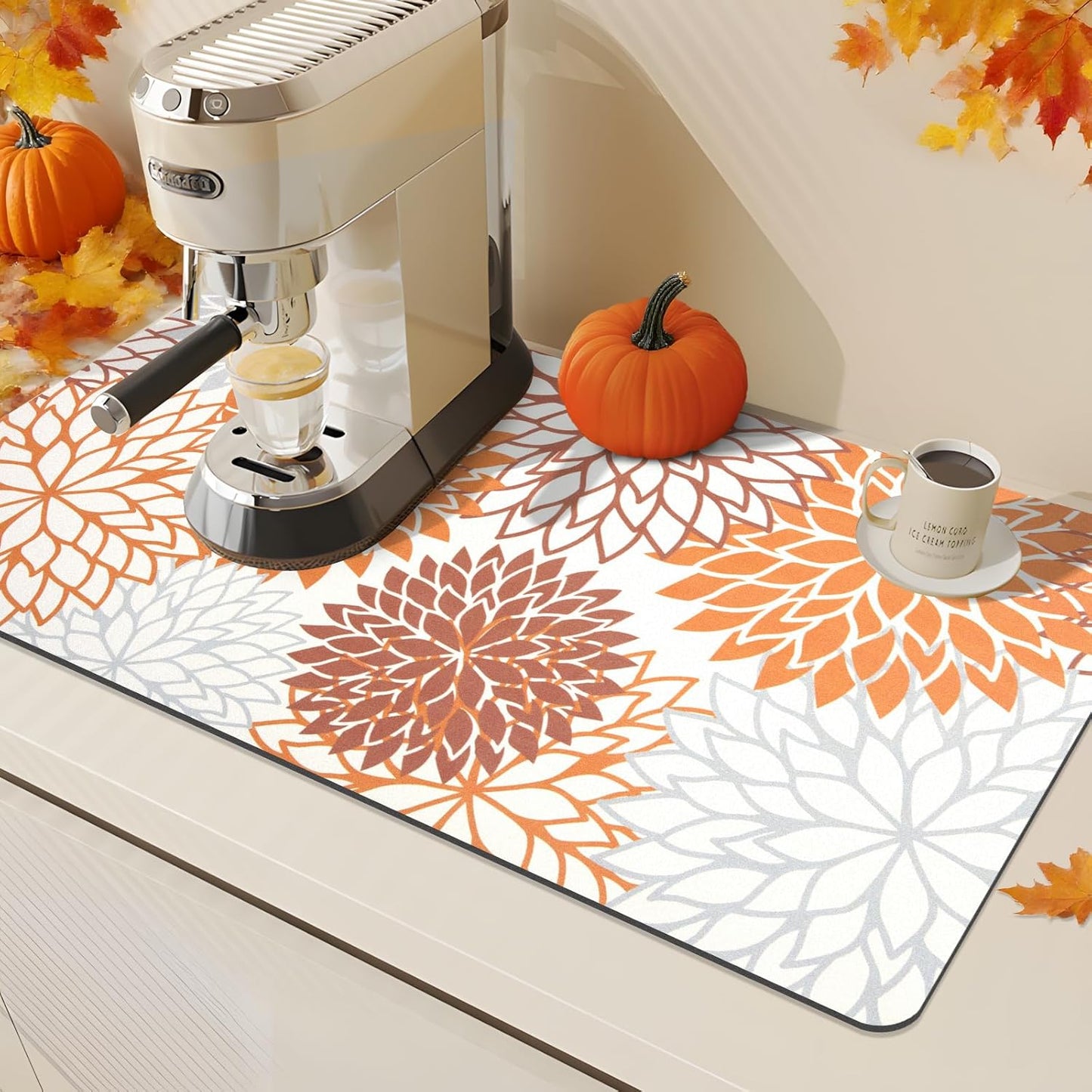 Findosom 2PCS 17" x 32" Fall Dish Drying Mat & 24" x 5.5" Sink Splash Guard, Super Absorbent & Cuttable Dish Mat Drying Kitchen Mat with Orange Floral, Hide Stain Drying Mat for Kitchen Counter