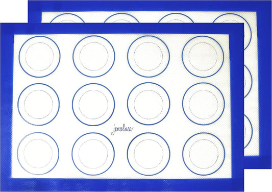 Jenaluca Silicone Baking Mats 2 Pack - Non-Stick Mats with Cookie Measurements Reusable Food Grade Silicone for Cookies, Pastries & Meal Preparation - Non Slip - 16.5 x 11.6