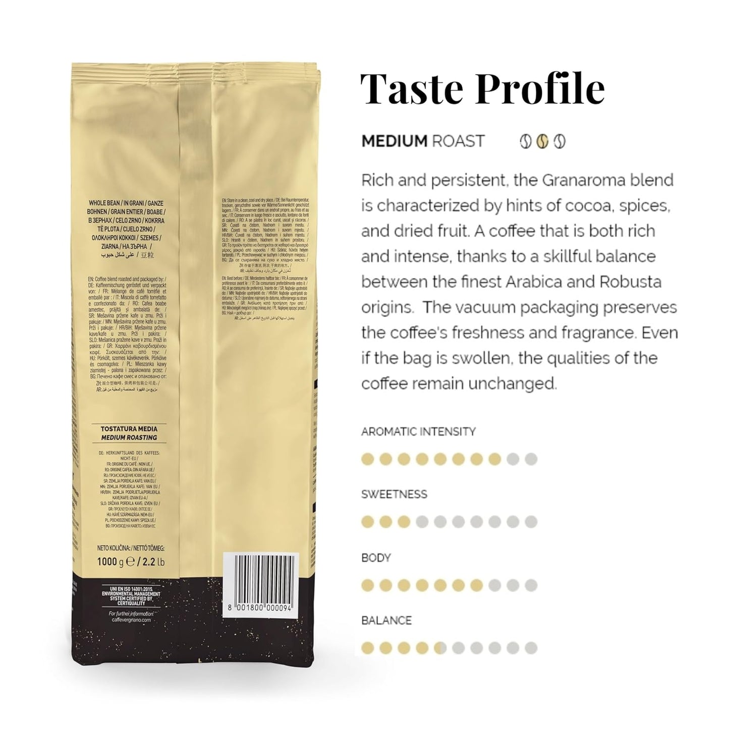 Caffe Vergnano 1882 Gran Aroma Whole Bean Arabica Medium Espresso Roast Coffee, 2.2lbs Bag - Italian Coffee Beans with Rich notes of Cocoa, Spices & Dried Fruit, Intensity 8/10-1000g Bag (2 Pk)