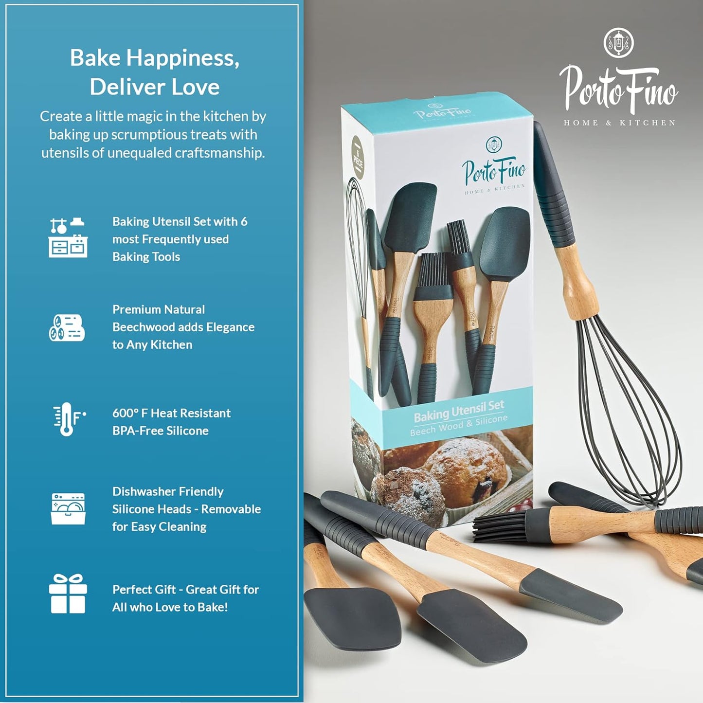 Baking Utensils Set 6 Pieces - Spatula Set for Baking - Baking Essentials 3 Spatula, 2 Pastry Brush, 1 Whisk - Spatulas Silicone Heat Resistant - Silicone Cooking Utensils - Gift for women - Dark Grey