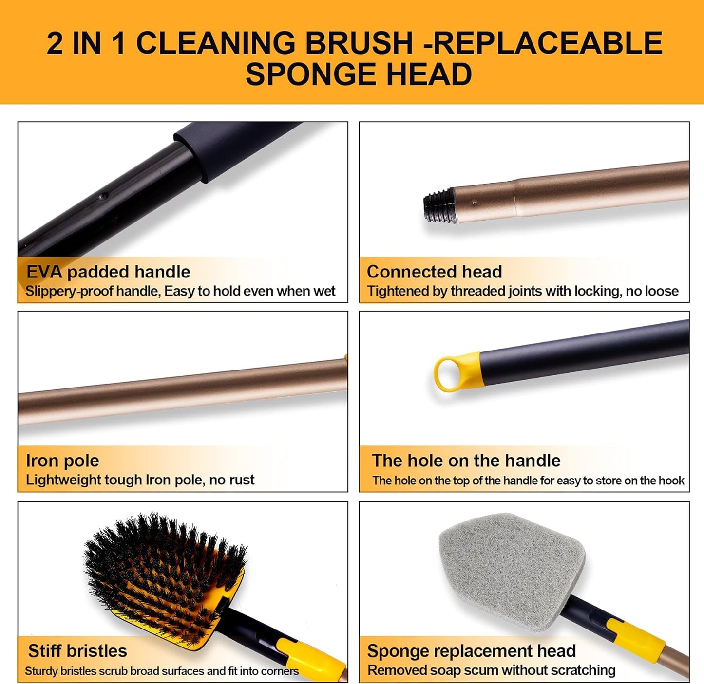 Yocada Tub Tile Scrubber Brush 2 in 1 Cleaning Brush 58.2 Inch Adjustable Telescopic Pole Stiff Bristles Scouring Pads for Cleaning Bathroom Kitchen Toilet Wall Tub Tile Sink Non Scratch