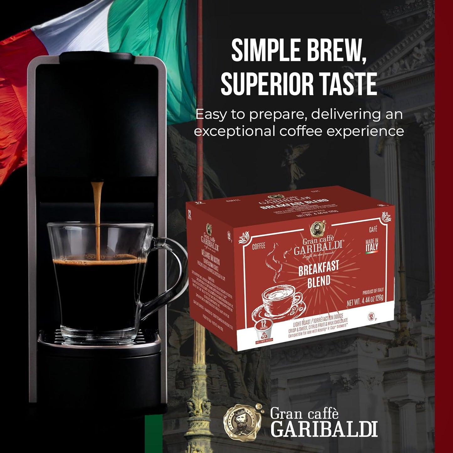 Caffè Garibaldi Italian Roast Coffee, Single-Serve Capsules for Keurig K-Cup Brewers, 100% Arabica Blend Coffee Pods, Recyclable Cups for Single Serve Machines, 72 Count K-Pods - Dark Roast