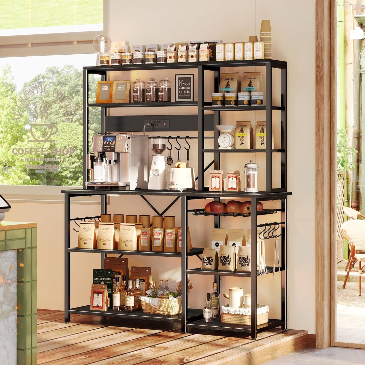 SUPERJARE Larger Bakers Rack with Power Outlets, 6-Tier Microwave Stand, Coffee Bar with 12 S-Shaped Hooks, Kitchen Shelf with Wire Basket, 47.2 x 15.5x 66.9 Inches, Black
