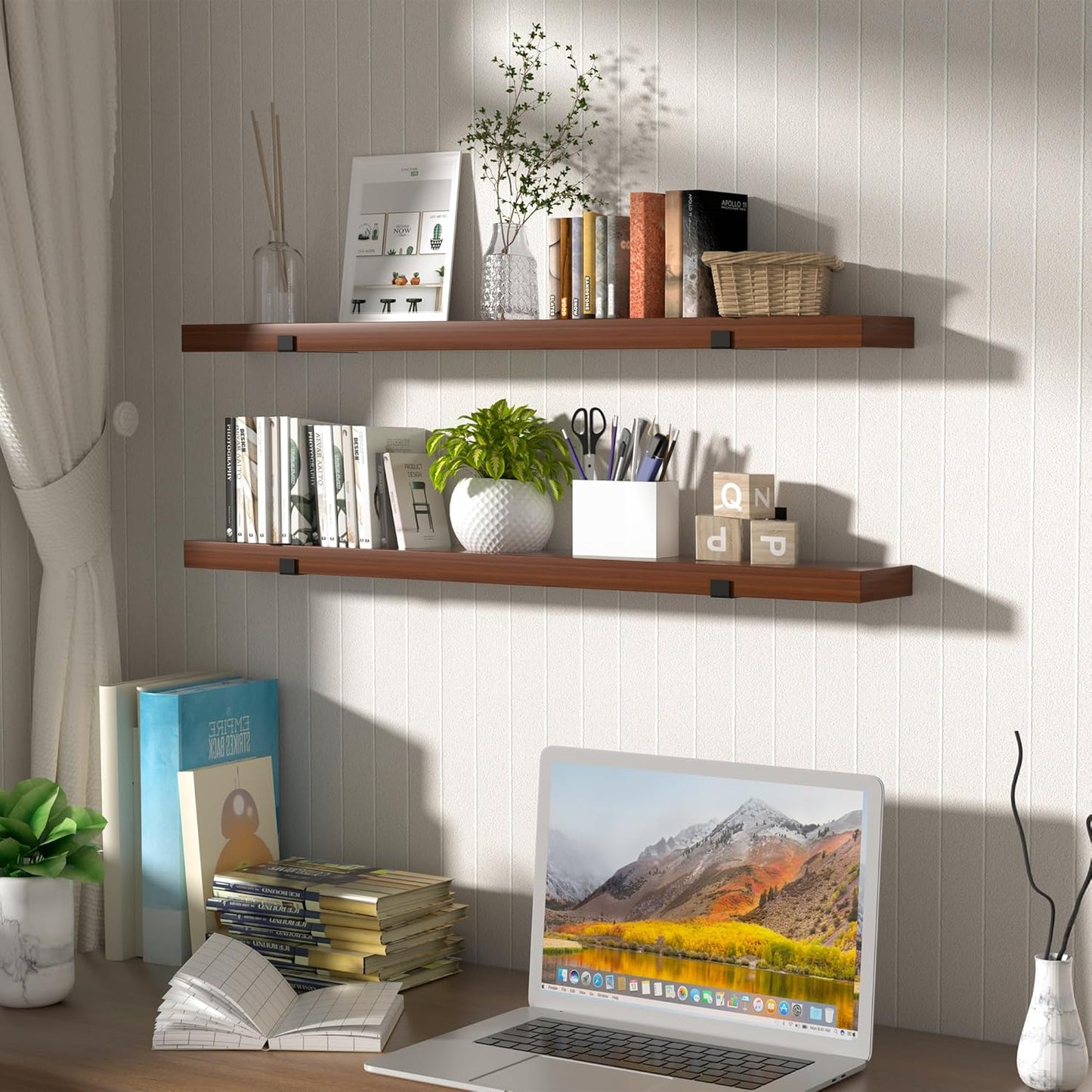 CONSDAN Floating Shelves for Wall Mounted Book Shelf Hanging Shelves Floating Bookshelf for Bedroom, Bathroom, Living Room, Kitchen USA Grown Solid Hardwood, Dark Maple 24x7.5x1.5 in (Set of 3)