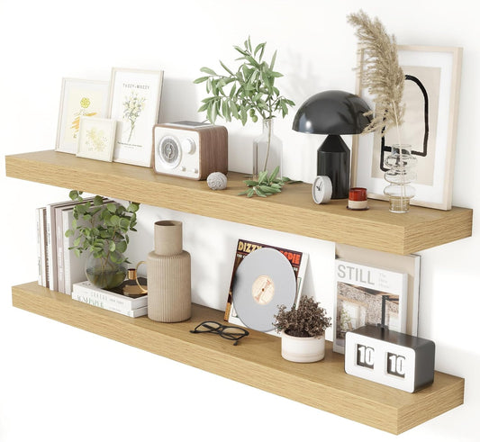 Heimlove 48 Inch Floating Shelves for Wall 8 Inch Deep Oak Shelves Set of 2,Wall Mounted Rustic Wood Long Floating Shelf，Large Display & Storage Shelf with Invisible Brackets