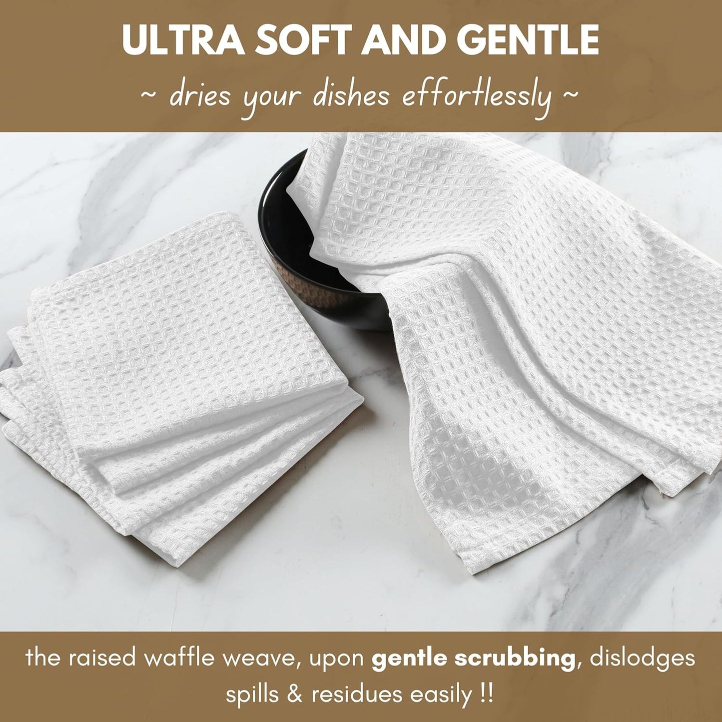Native Fab Waffle 12 Pack Dish Cloths - 100% Cotton, Soft, Absorbent, Quick Drying, Washable Towels for All Cleaning, Cooking & Baking - Ideal for Home, BBQ, Hotels, Bars - 12x12 Inches - White
