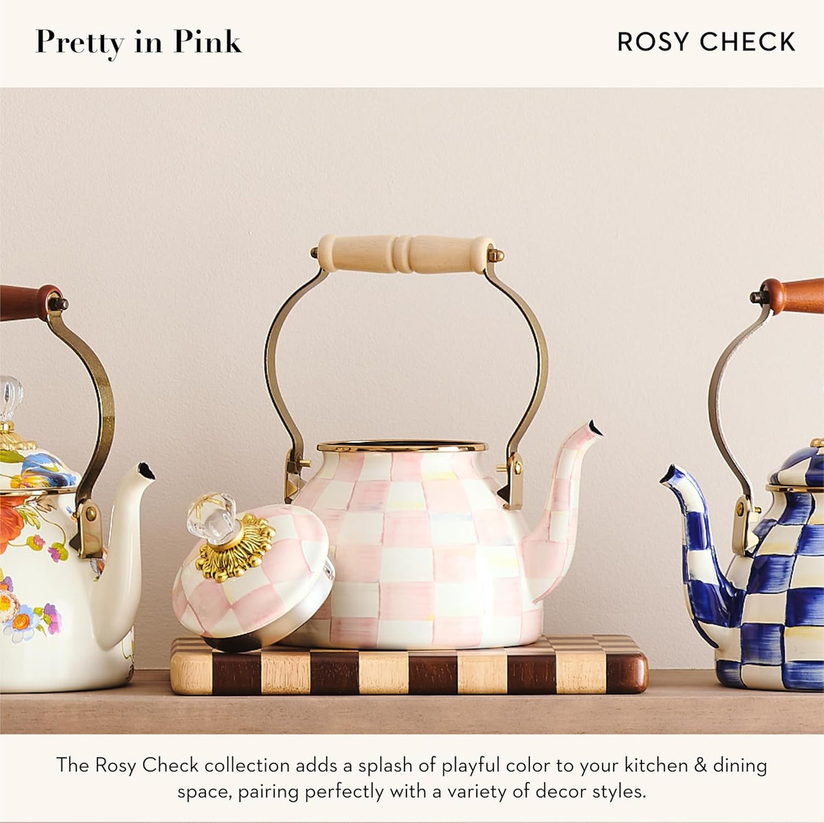 MACKENZIE-CHILDS Enamel Tea Kettle, Stylish Tea Kettle for Stovetop, Pink-and-White Rosy Check, 2 Quarts