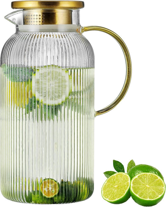 Glass Pitcher with Lid, 84oz/2.5 Liter Classic Vertical Stripes Water Pitcher,Glass Water Carafe for Cold Brew, Coffee, Lemonade, Iced Sun Tea,Beverage, Milk, Heat Resistant