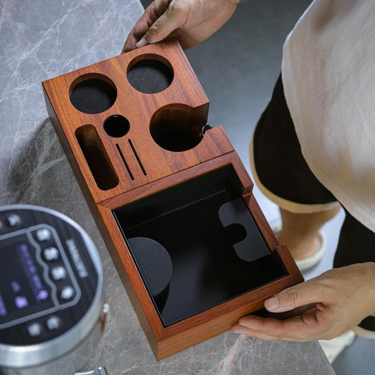 Rosewood Espresso Workstation – Wooden Tamping Station Organizer 54mm & Coffee Knock Box Kit | Barista Tool Holder & Coffee Puck Disposal Bin for Breville Machines