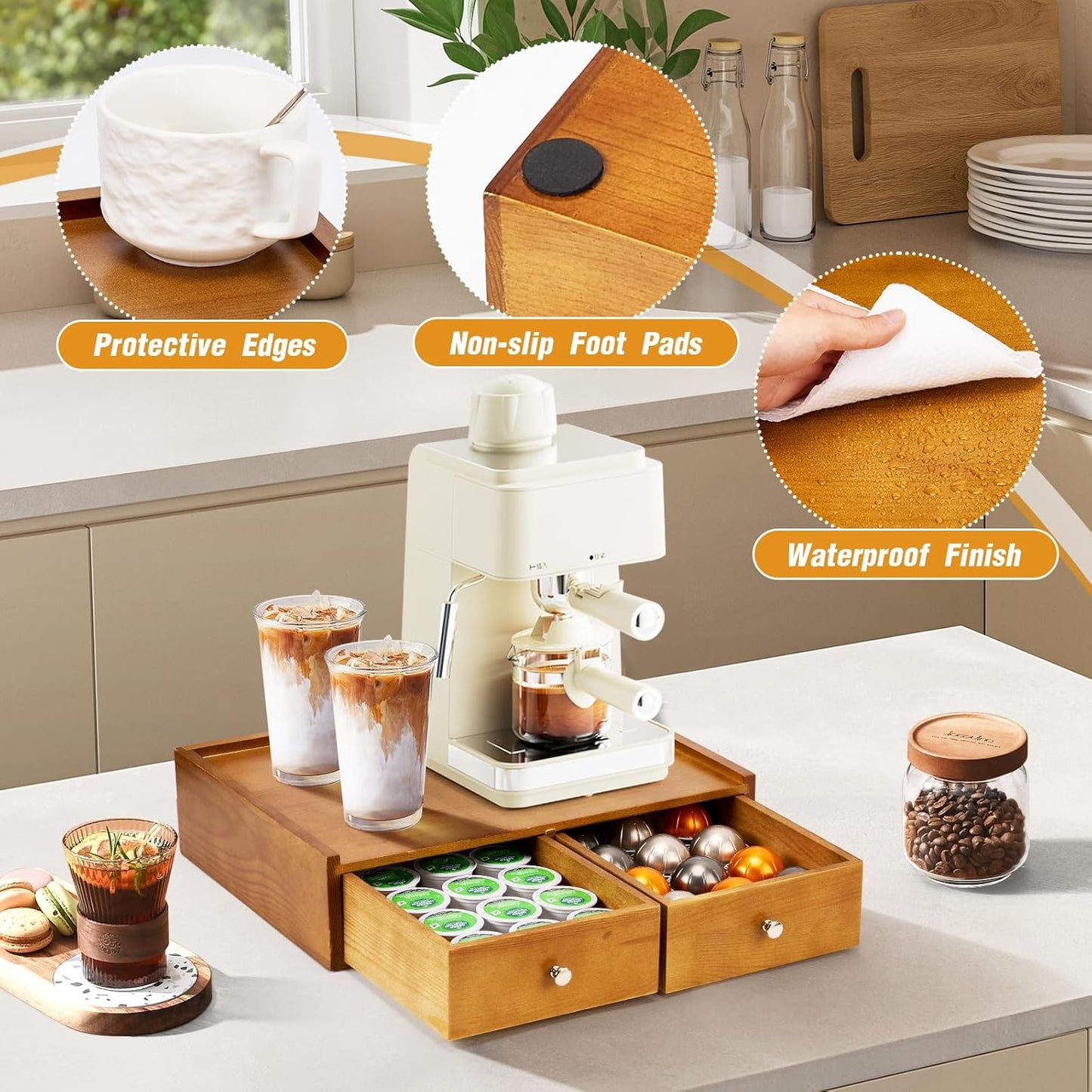 15.8"L X 11.8"W X 4"H Wooden K cup Storage, Keurig Stand With Storage, Coffee Pod Holder Organizer, Desktop Kitchen Storage with 2 Drawers, 30/40/60 Pod Capacity, Natural