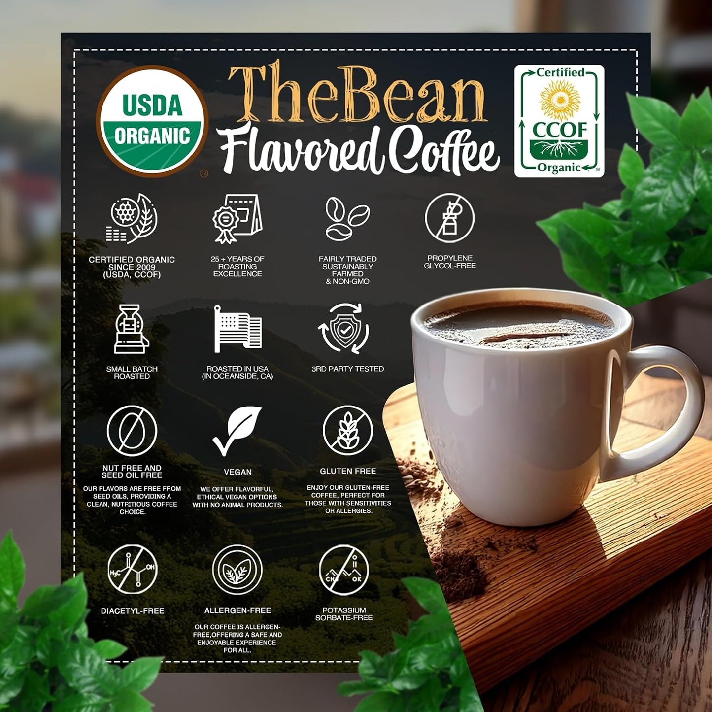The Bean Organic Coffee Company Water Processed DECAF Vanilla Cinnamon Spice, Medium Roast, Whole Bean Coffee, 16-Ounce Bag