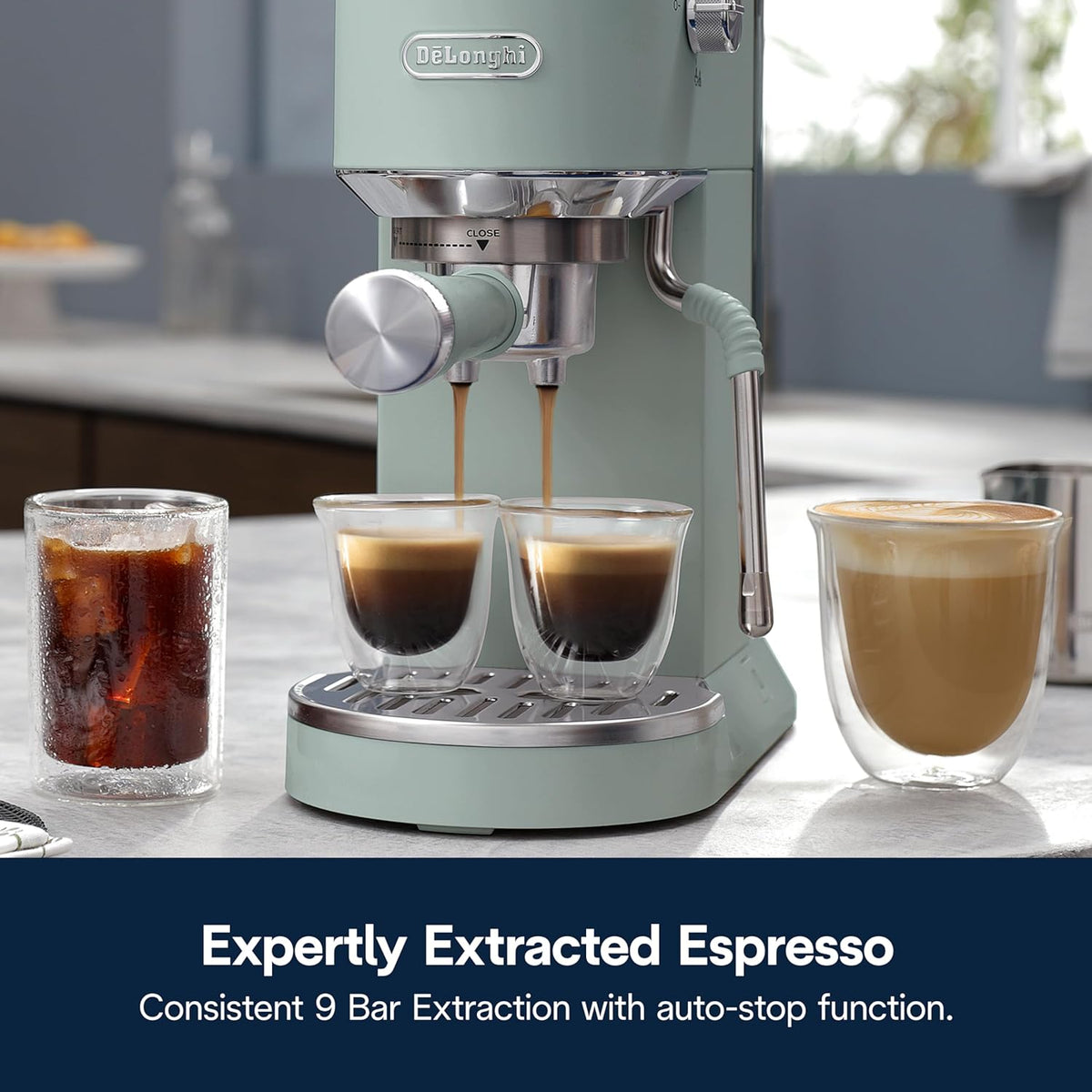 De'Longhi Dedica Duo Compact Espresso Machine - Cold Brew Coffee Maker with Milk Frother Wand- for Espresso, Hot & Iced Coffee, Cappuccinos, Lattes & Home Barista Brewing, Pistachio Green