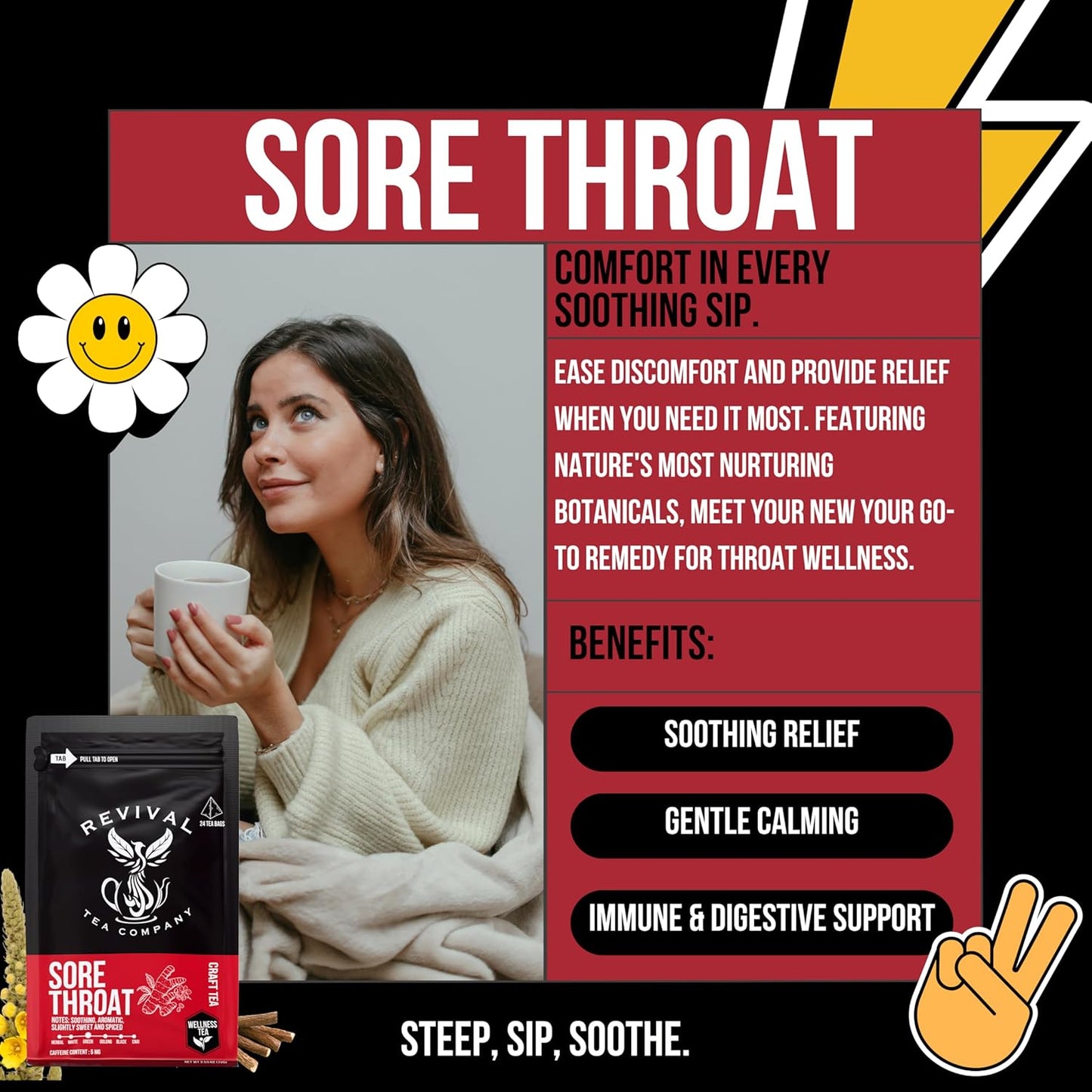 Sore Throat Tea - Wellness Tea Made with Elm Bark, Licorice Root and Marshmallow Root with Herbal and Medicinal Properties - Low Caffeine - 24 Tea Bags