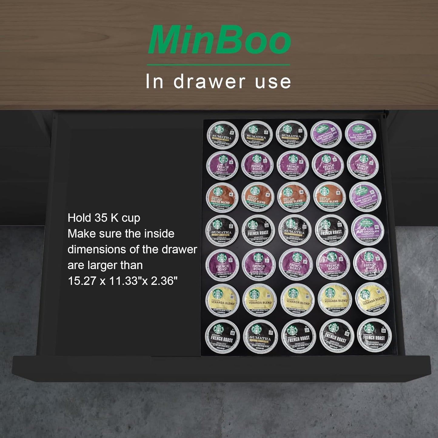 MinBoo BamBoo k cup holder Drawer or Countertop k cup Organizer Coffee Pod Holder Hold 35 Coffee Pod Storage Kcup coffee pods holder for coffee station Office and Kitchen k cup storage,Black
