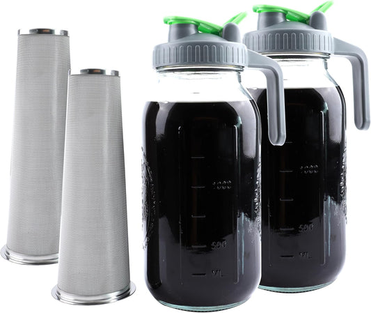 Cold Brew Coffee Maker 64 Oz Mason Jar Iced Tea Pitcher With Strainer 2 Set Half Gallon Glass Pitcher With Spout Lid 2 Quar Water Jug For Fridge Beverage, Sun Tea, Hot Cold Brew, Lemonade, Juice