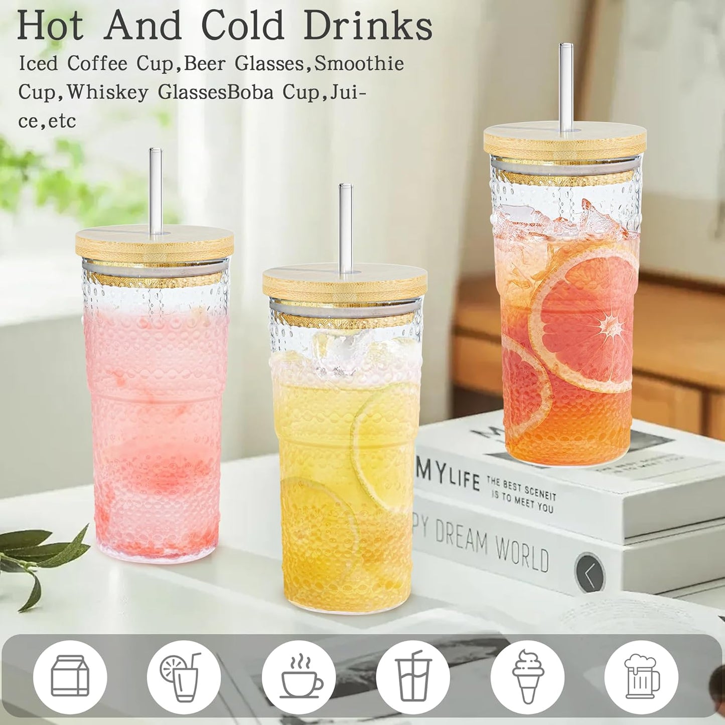 4 Pack 20oz Hobnail Drinking Glasses with Bamboo Lids and Glass Straw,High Borosilicate Glass Tumbler Cup Reusable Wide Mouth Smoothie Cups,Beer, Iced Coffee Glasses, Soda