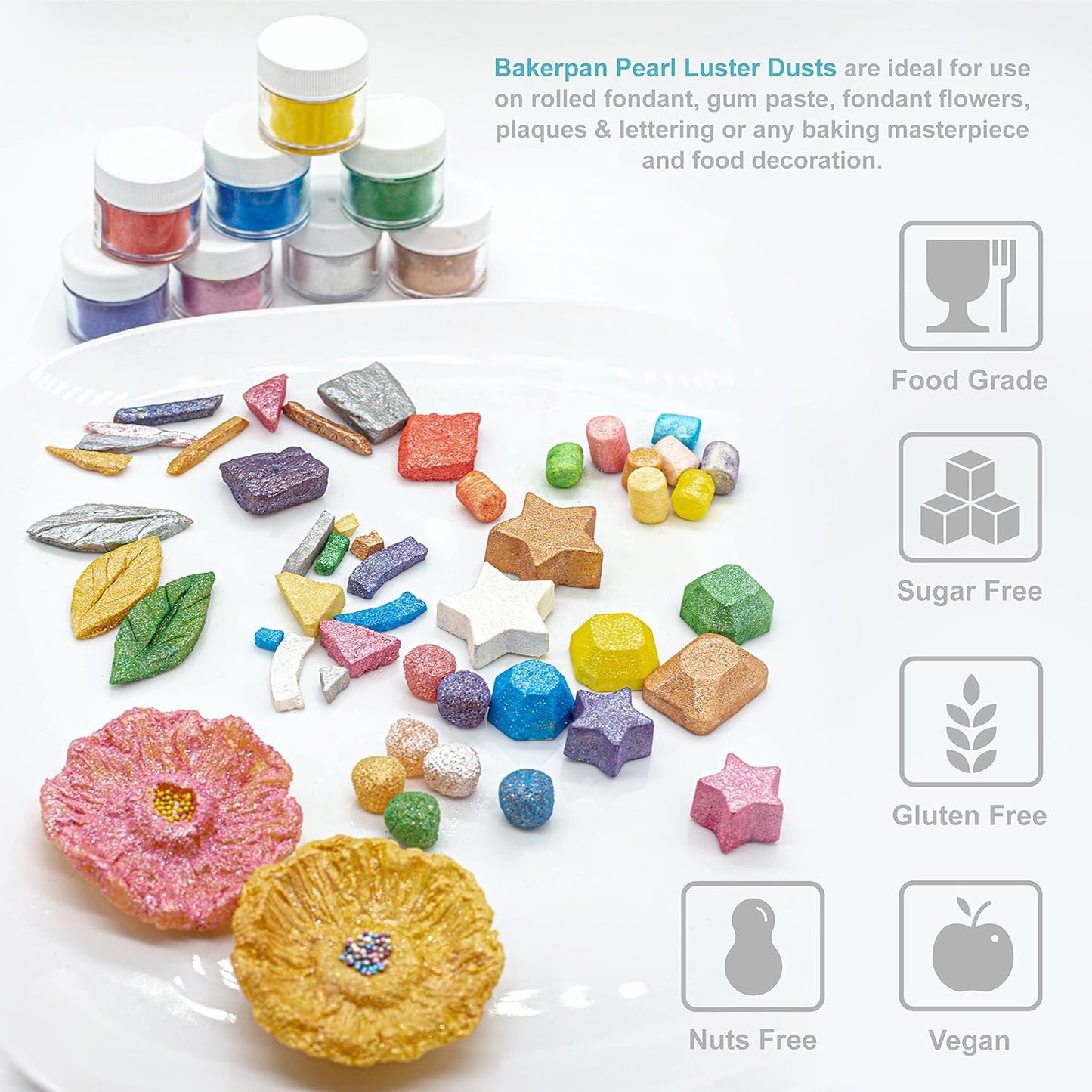 Bakerpan Pearl Luster Dust Edible, White Edible Glitter for Cocktails, 4 Grams Edible Glitter for Cake Decorating, Cookies, Chocolates and Candies, Drinks (Made in USA)