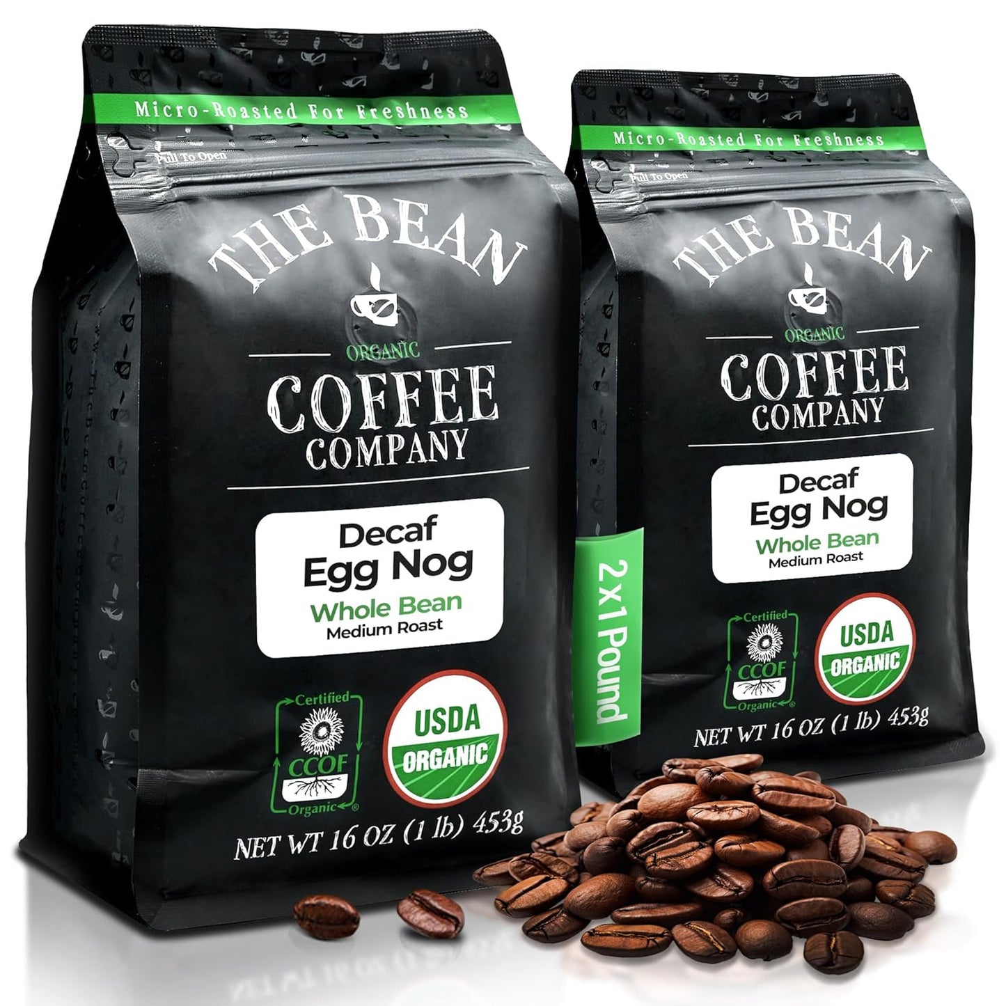 The Bean Organic Coffee Company Water Processed DECAF Egg Nog, Medium Roast, Whole Bean Coffee, 16-Ounce Bags (Pack of 2)