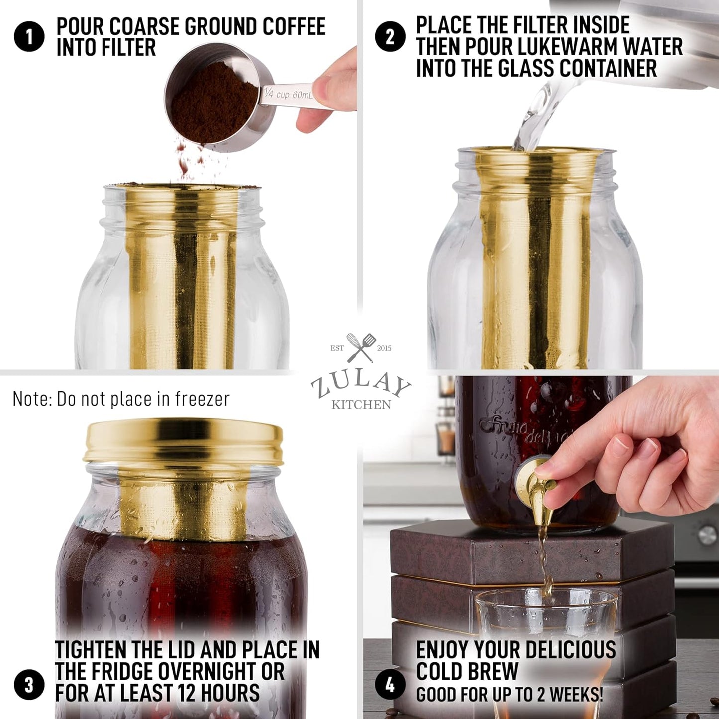 Zulay Kitchen 1.5 Liter Cold Brew Coffee Maker with EXTRA-THICK Glass Carafe & Stainless Steel Mesh Filter - Premium Iced Coffee Maker, Cold Brew Pitcher & Tea Infuser (Gold)