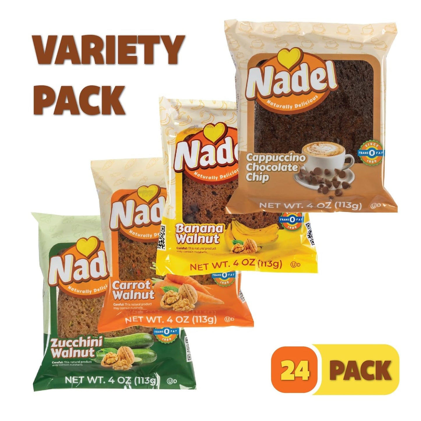 Nadel - Naturally Delicious Sweet Breads Variety Pack (Banana Walnut, Cappuccino Chocolate Chip, Carrot Walnut, Zucchini Walnut). (24 Pack, 6 Breads Per Flavor)