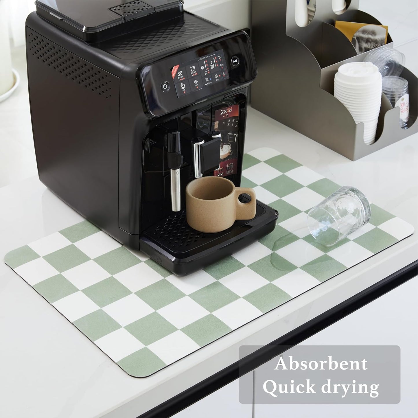 Checkered Dish Drying Mat for Kitchen Counter, Coffee Bar Station Accessories, Retro Cute Aesthetic Modern Absorbent Drainer Mat Kitchen Drying Mat Easy Clean, Sage 16" x 24"