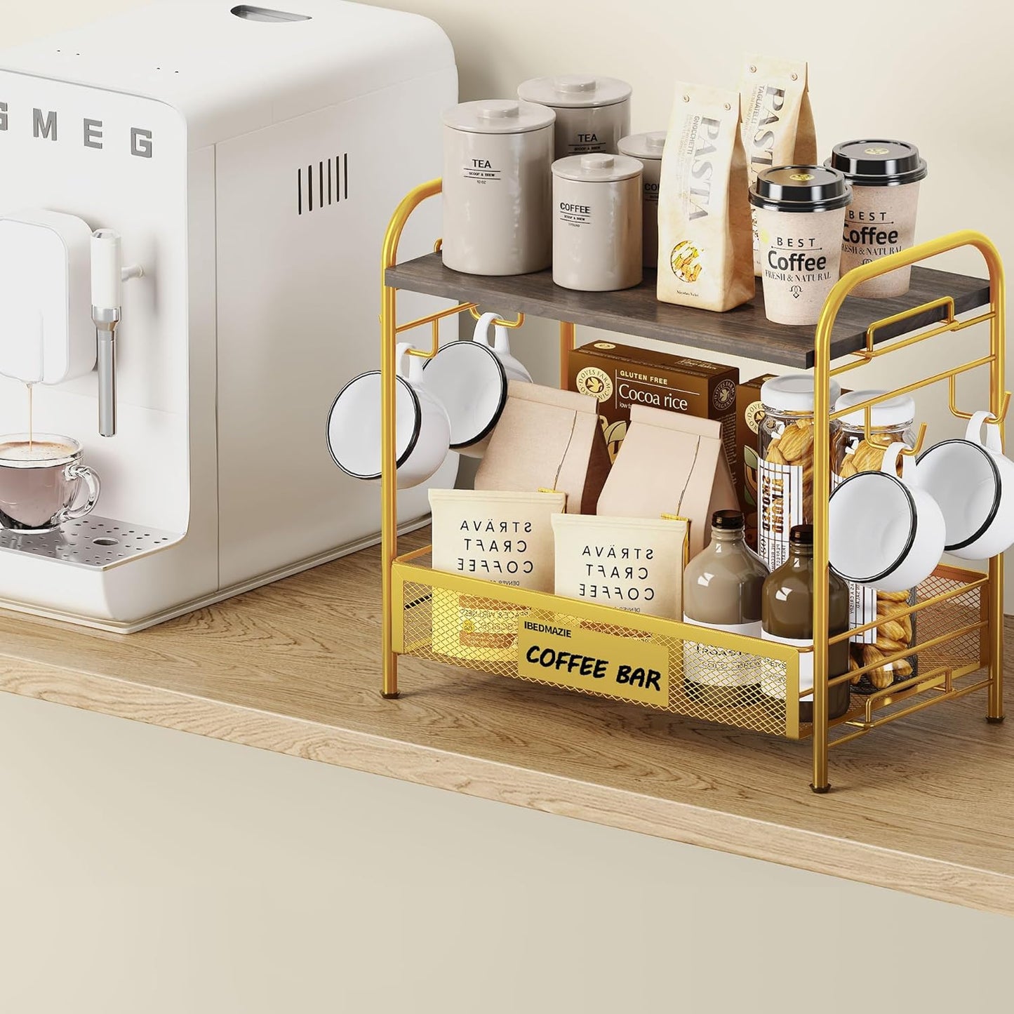 Coffee Bar Organizer for Countertop Station, Simple Assembly 2 Tier Shelf for Home,Office, Coffee Cup Holder Storage Organization for Counter Accessory Storage Rack with 4 Hooks Space-Saving