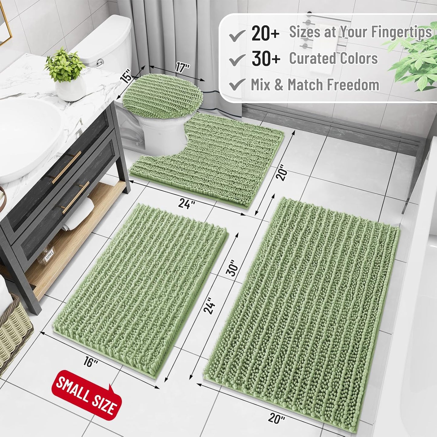 Arotive Luxury Chenille Bathroom Rug Mat, Extra Soft Thick Absorbent Shaggy Bath Rugs, Non-Slip Machine Wash Dry, Plush Bath Mats for Bathroom, Shower and Tub, 60x24, Sage Green