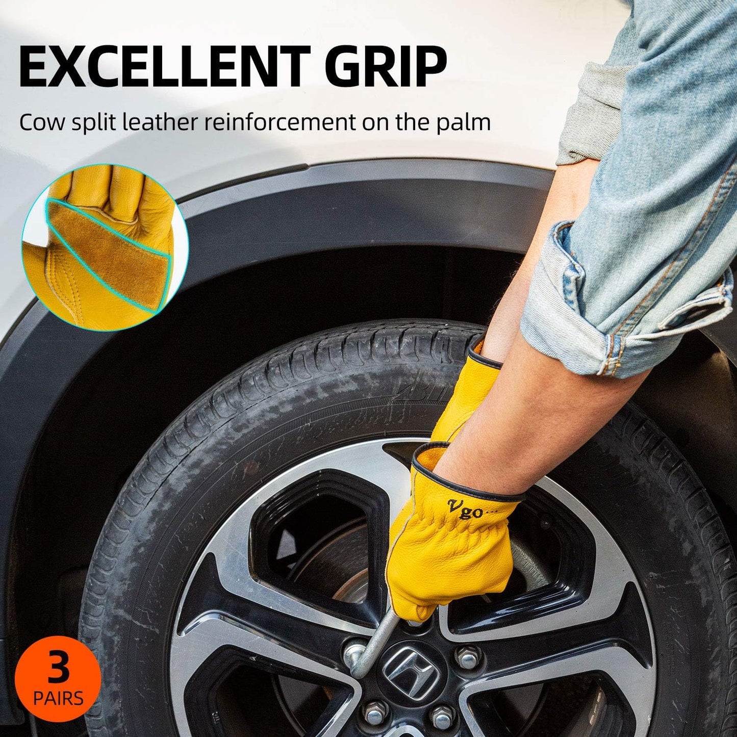 Vgo 3-Pairs Unlined Cow Grain Leather Work and Driver Gloves with Cow Split Leather Palm Patch (Size XXL, Gold,CA9590)