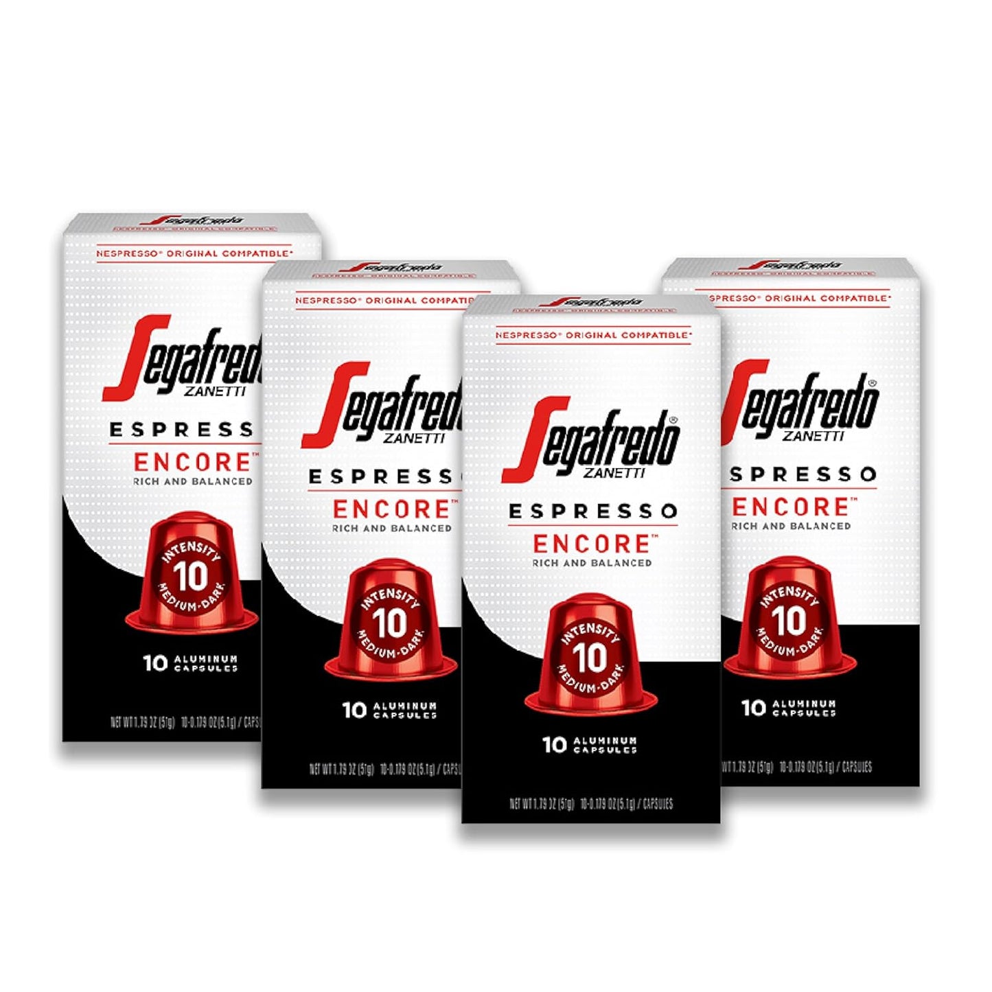 Segafredo Zanetti Espresso Capsules – Aluminum Pods for Nespresso Original Machines – Medium-Dark Roast Premium Espresso with a Rich Aroma – Balanced, Intensity 10 – Encore, 10 Count (Pack of 4)