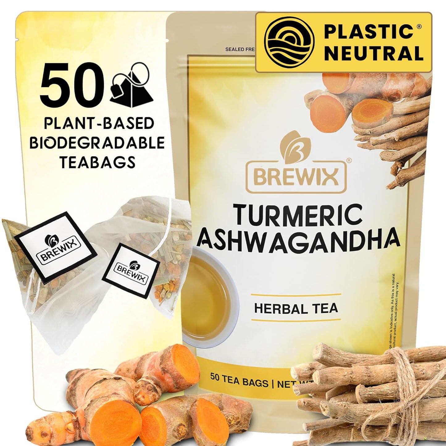 BREWIX, Turmeric Ashwagandha Herbal Tea (50 Pyramid Tea Bags) Adaptogenic Herbs for Stress & Mood Support | Evening Calm & Sleep Support | Real Ingredients From India, Caffeine Free & Naturally Gluten Free