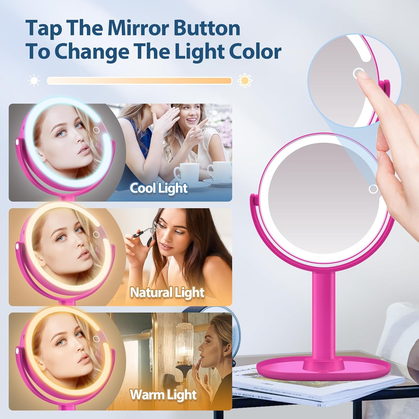 MIYADIVA Lighted Makeup Mirror, Type-C Rechargeable 20X Magnifying Mirror, 2-Sided Vanity Mirror with 3 Adjustable Lighting Modes, Focus on Detailed Makeup, Bathroom, Travel, Gift for Women Hot Pink