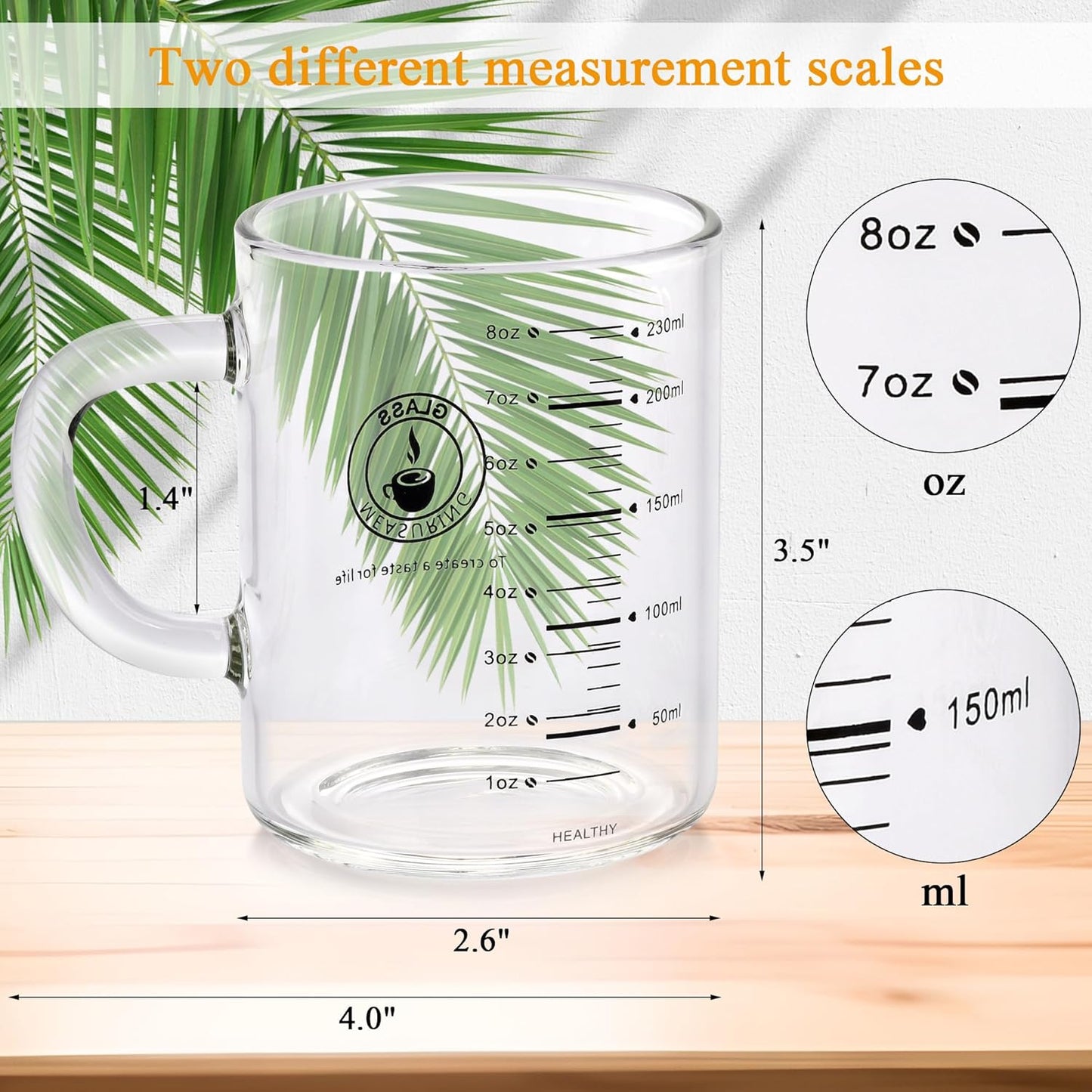 8 Oz Glass Measuring Cup Espresso shot glasses Clear Coffee Mugs for Hot or Cold Glass Expresso Small Coffee Cup with Glass Handle High Borosilicate Glass Cup (Colorful)