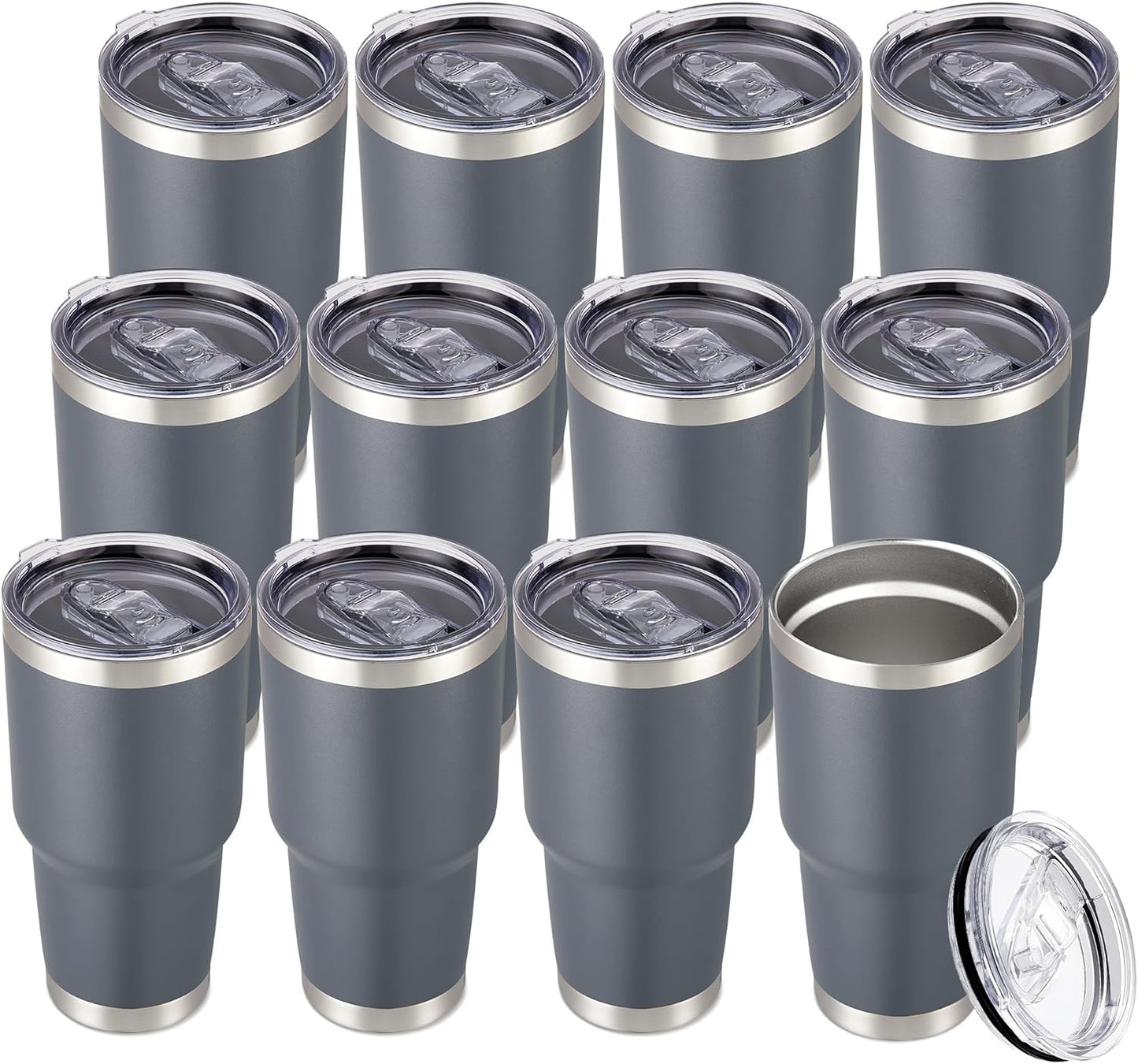 30 oz Tumbler with Lid Stainless Steel Tumblers Bulk Vacuum Insulated Cup Reusable Powder Coated Travel Mug Double Wall Leak Proof Cups Keep Cold Drinks for 12 Hours Gray, Set of 12