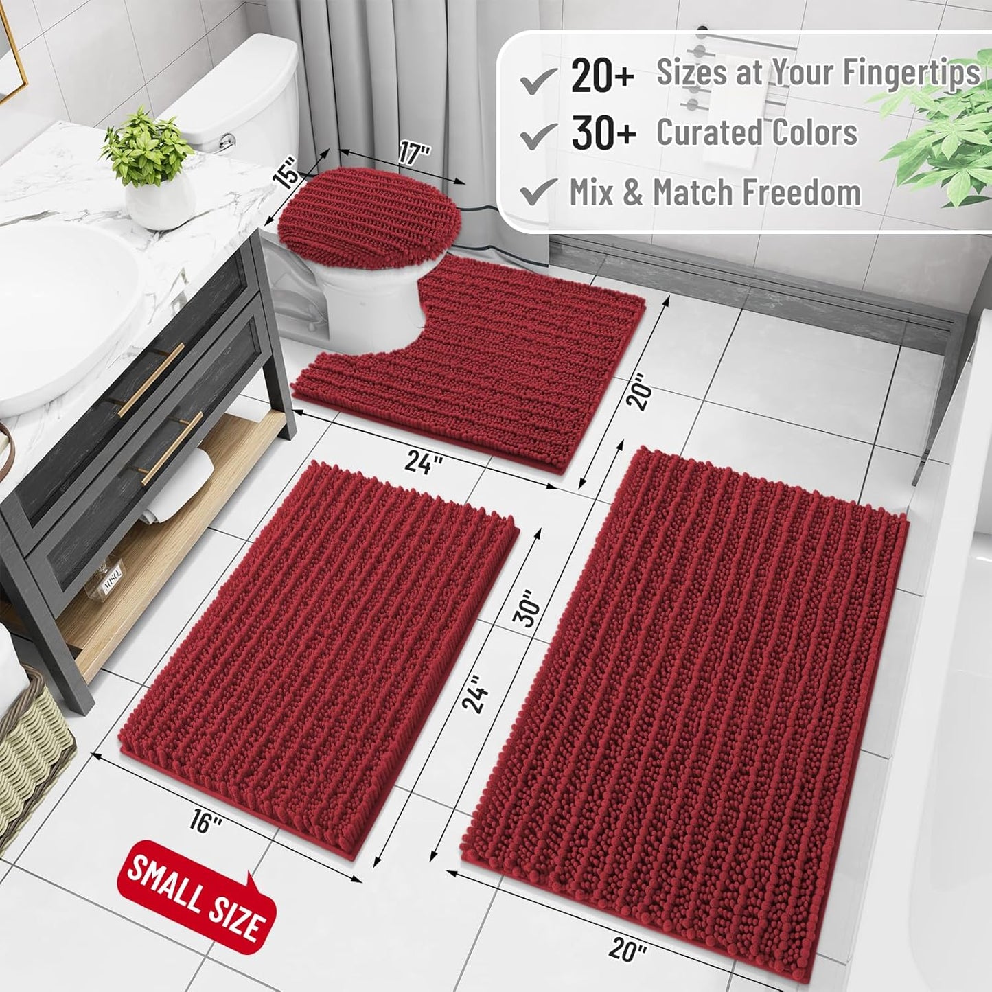 Arotive Luxury Chenille Bathroom Rug Mat, Extra Soft Thick Absorbent Shaggy Bath Rugs, Non-Slip Machine Wash Dry, Plush Bath Mats for Bathroom, Shower and Tub, 47x24, Red