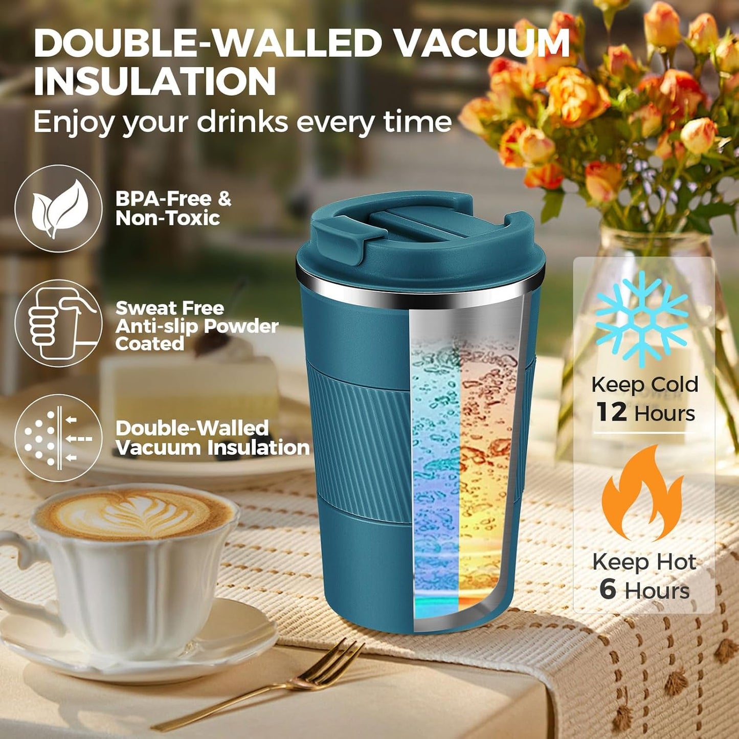 Volhoply 13 oz Stainless Steel Insulated Travel Coffee Mug with Fip Lid Bulk 2 Pack,Reusable Double Wall Vacuum Metal Coffee Cup,Portable Leak Proof Thermal Tumbler for Hot & Cold Drinks(Bule,2)