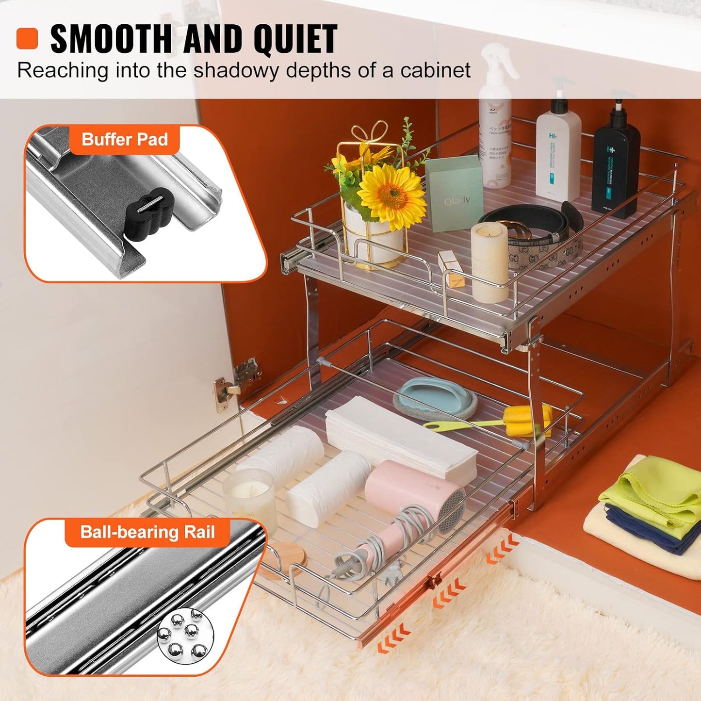 VEVOR Pull Out Cabinet Organizer, 17"Wx21"D 2 Tier Heavy Duty Slide Out Pantry Shelves, Chrome-Plated Steel Roll Out Drawers, Sliding Drawer Storage, 18.5"Wx22"D Install Size for Cabinet