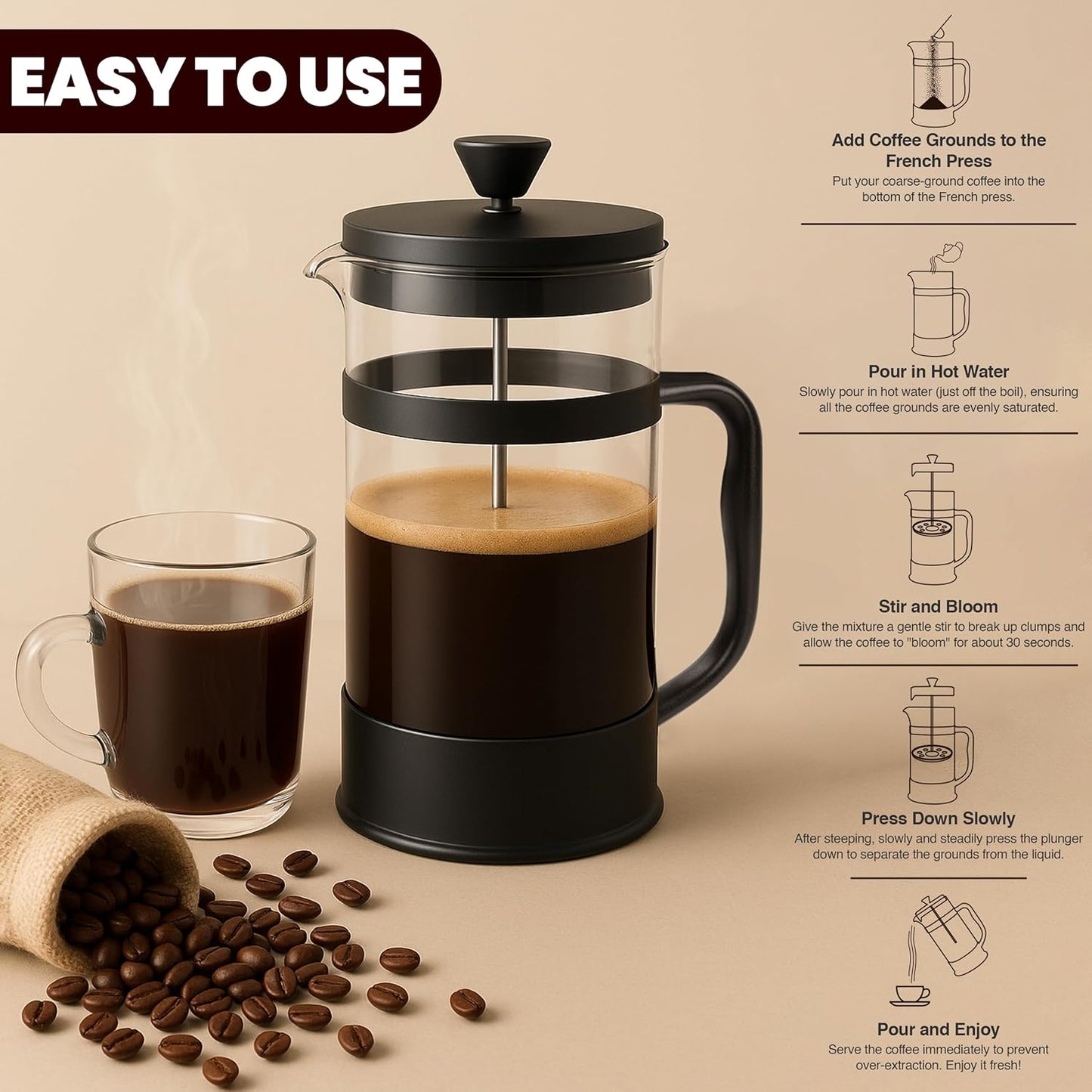 Utopia Kitchen 12 Ounce 0.35 Liter French Press Coffee Maker, Tea Maker, Travel Coffee Presses, Heat Resistant Thickened Borosilicate Coffee Pot for Camping Travel Gifts, Black Pack of 1