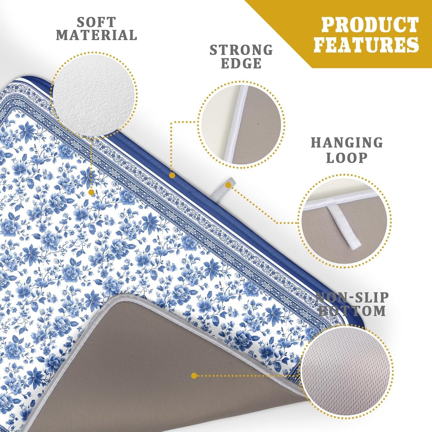 Blue Floral Branches Dish Drying Mat for Kitchen Counter Chinoiserie Pattern Dish Drying Pad 16”x18”Absorbent Vintage Flowers Decor Dishes Drainer Pad Dish Dry Rack Mat for Counter Coffee Bar