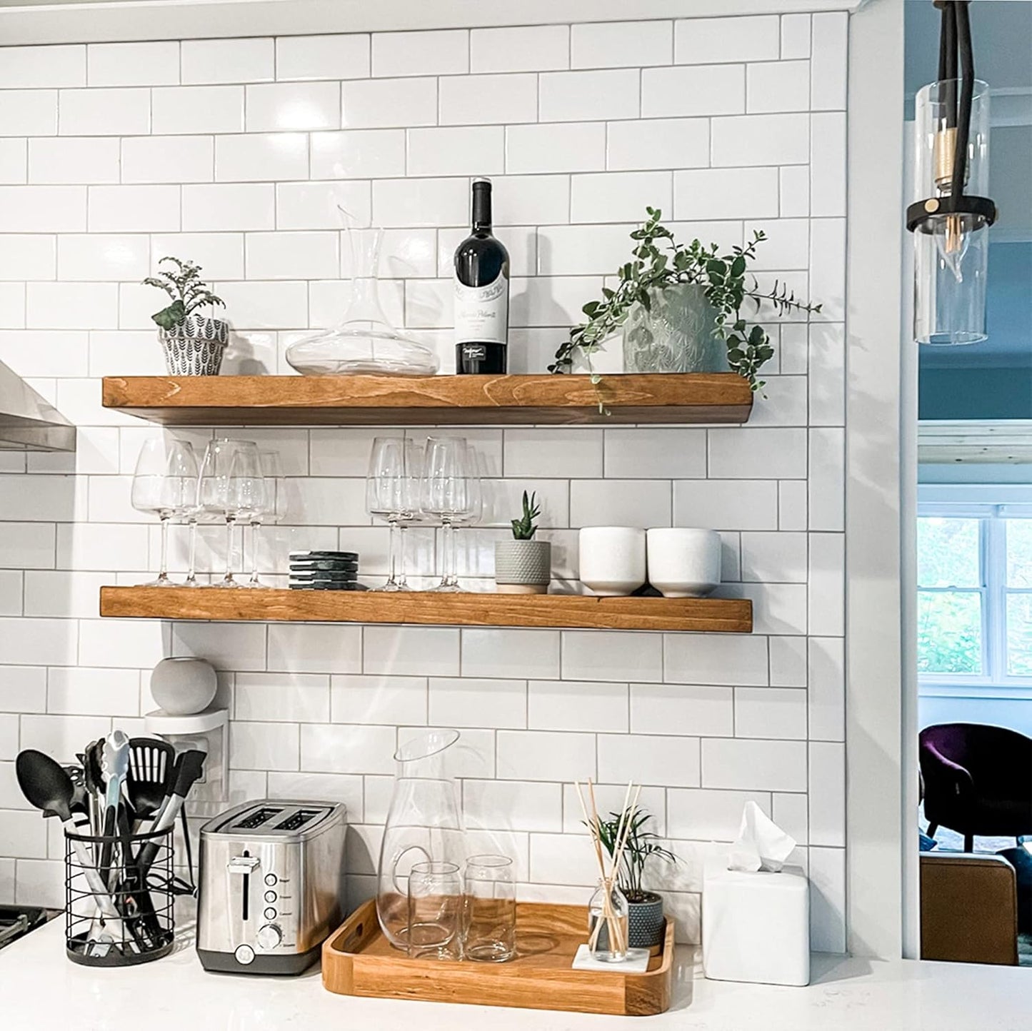 URBANDI, Rustic Floating Shelves, Set of 2, Hidden Bracket, Solid Wood, Heavy Duty, Wall Mounted Shelves, (Brown, 48Wx12D)