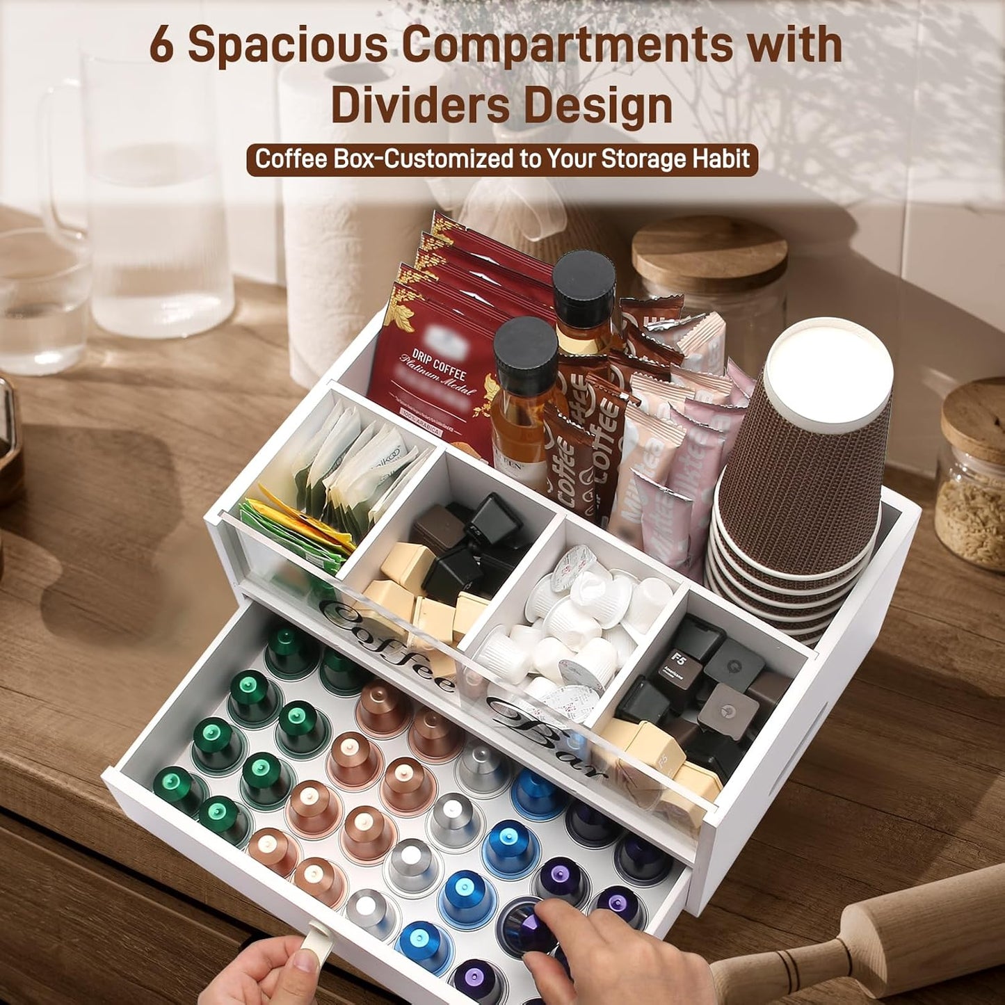 2-Tier Coffee Bar Organizer with Clear Acrylic Top, Built-in Drawer and Leather Handle Pull for Countertop, Stylish Coffee Station Storage Box for Accessories, Pods, Great Gifts for Home