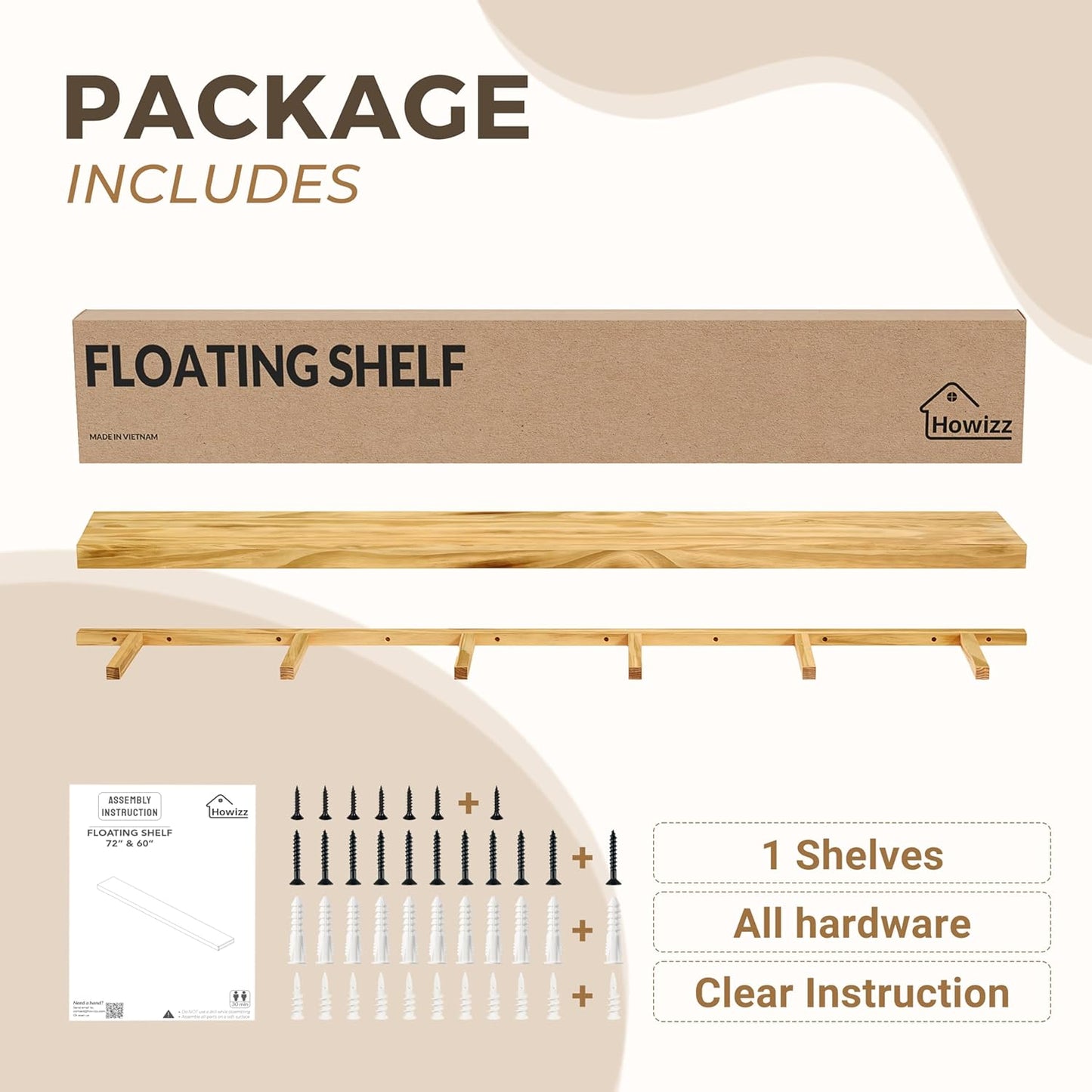 72'' Pine Wood Floating Shelf for Wall - Rustic Wall Mounted Wooden Shelf for Stylish Home Décor, Fireplace Mantel 72inch (Natural, 72x8x2) - 1pcs