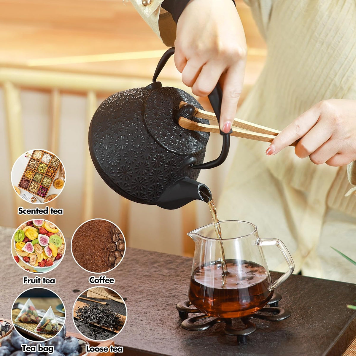 Cast Iron Teapot, 32oz Tea Kettle with Infuser for Stove Top, Sakura Blossom Pattern Japanese Tea Pot for Tea & Coffee Coated with Enameled Interior, Silicone Handle 950ml Green