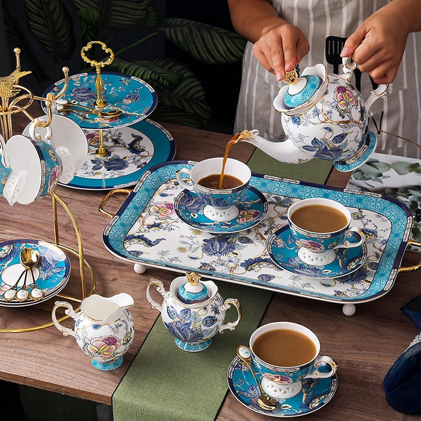 ACMLIFE Tea Sets for Adults for 6, Blue Tea Set with Cups, Fine Bone China 24K Gold, Tea Pot and Cups Set, Vintage British English Porcelain Afternoon Service Sets for Women Tea Party for Luxury Gift