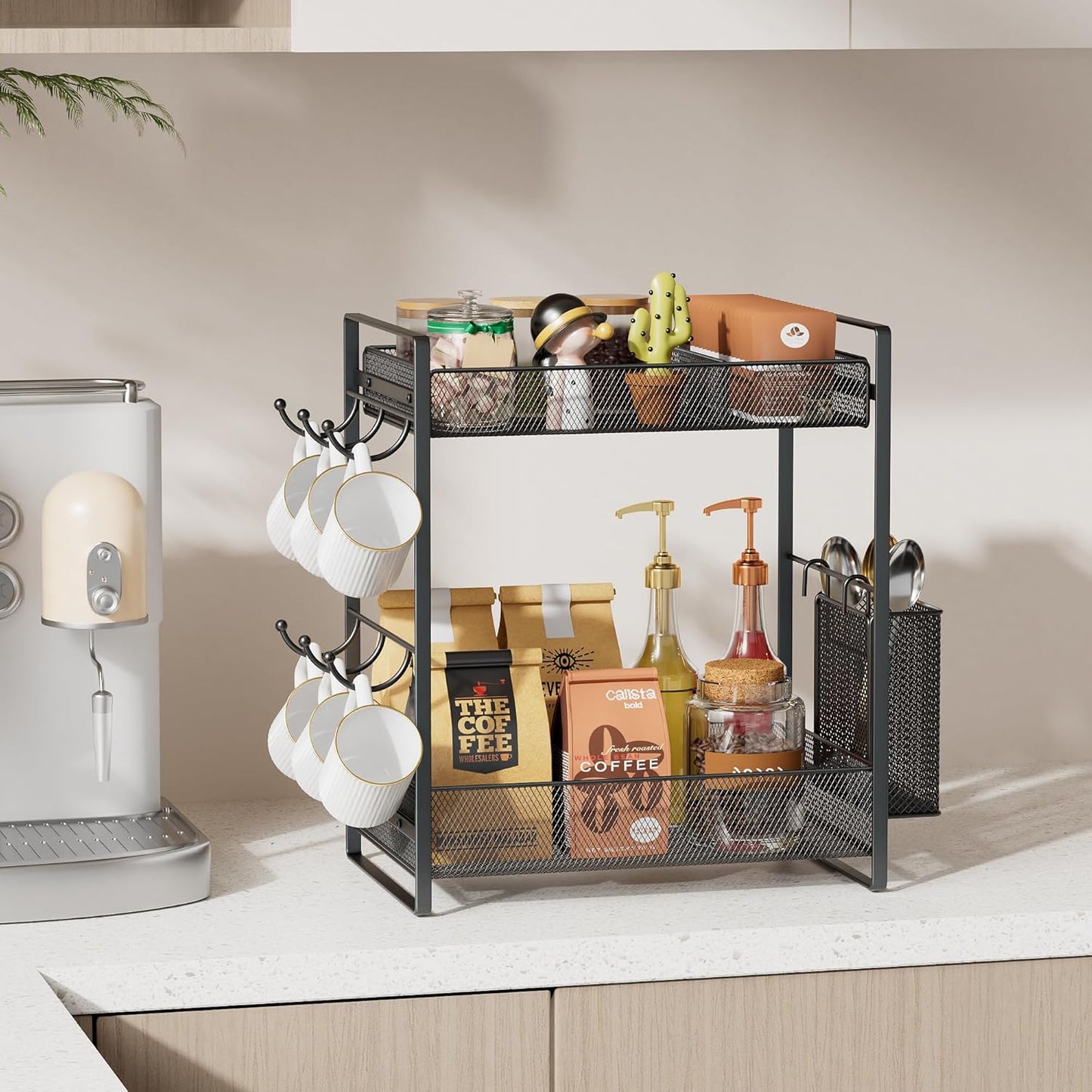 VITVITI Coffee Bar Organizer with Mug Holder, Metal Coffee Station Organizer for Countertop, 2 Tier Cup Mug Holders Rack with Basket for Kitchen Office, Black
