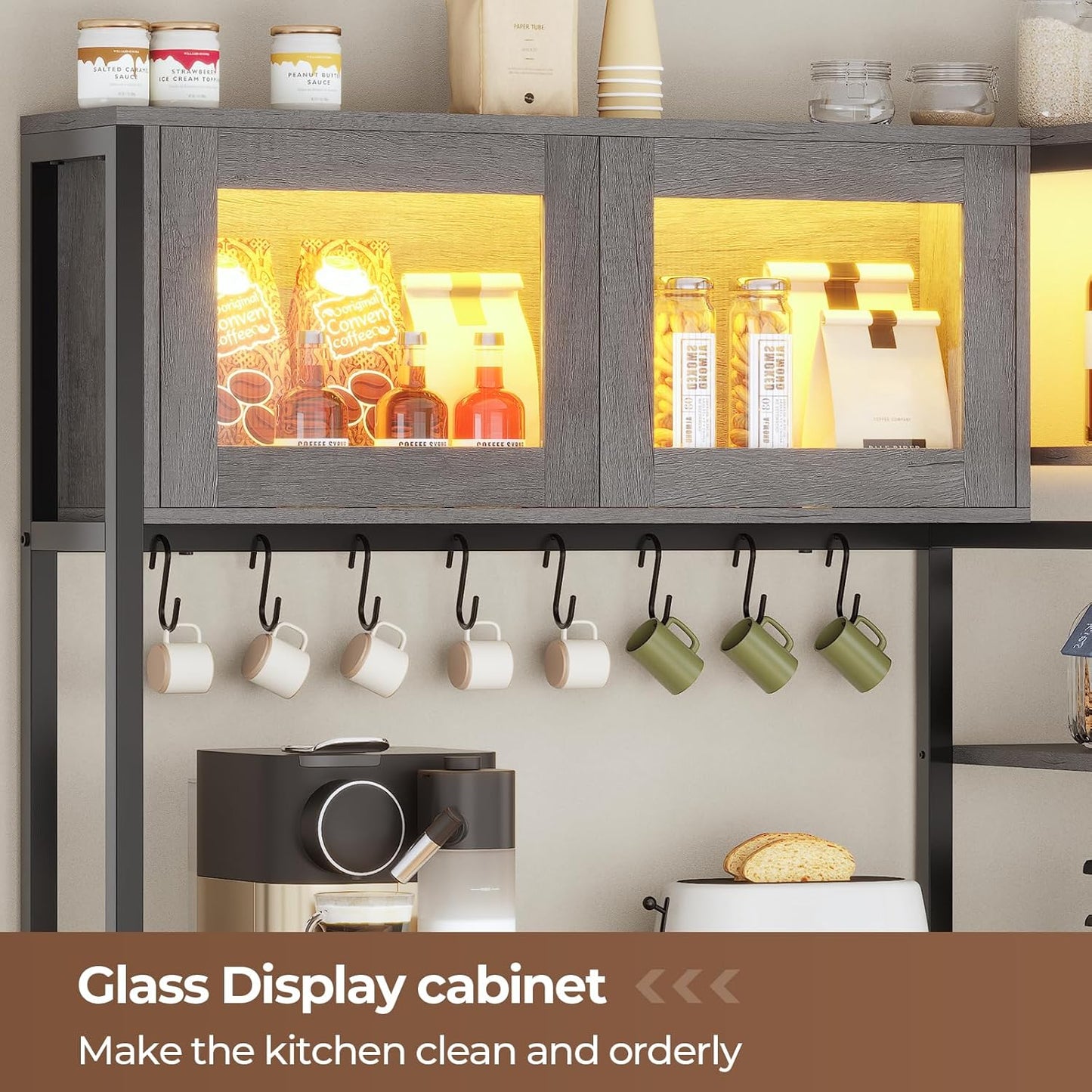 Itaar Bakers Rack with Power Outlet and LED Light, 45.3 Inch Farmhouse Coffee Bar Cabinet, Kitchen Microwave Stand with Storage, Glass Cabinet, Goblet Holder and 8 Hooks (Grey)